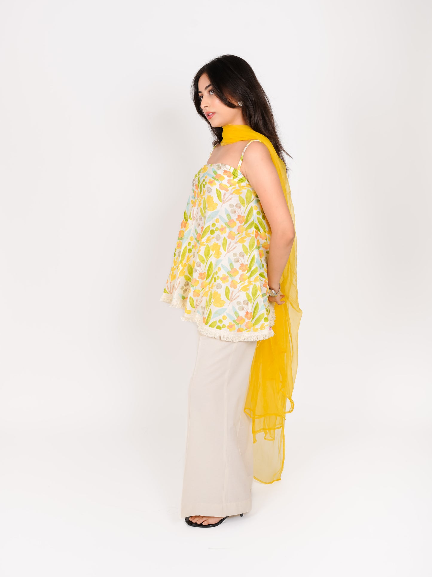 MONOMEE TRAYANTA FLORAL COTTON FLARED KURTA SET WITH PALAZZO & DUPATTA