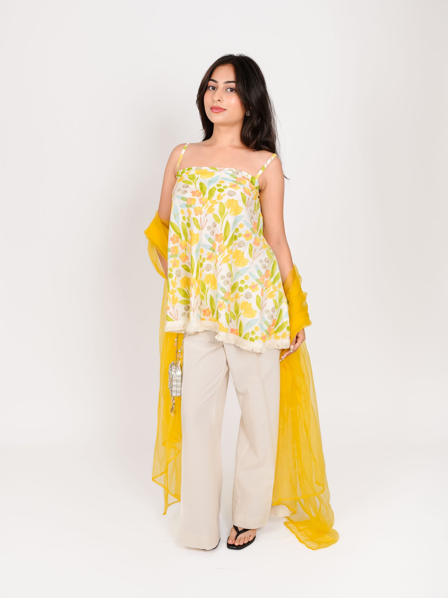 MONOMEE TRAYANTA FLORAL COTTON FLARED KURTA SET WITH PALAZZO & DUPATTA