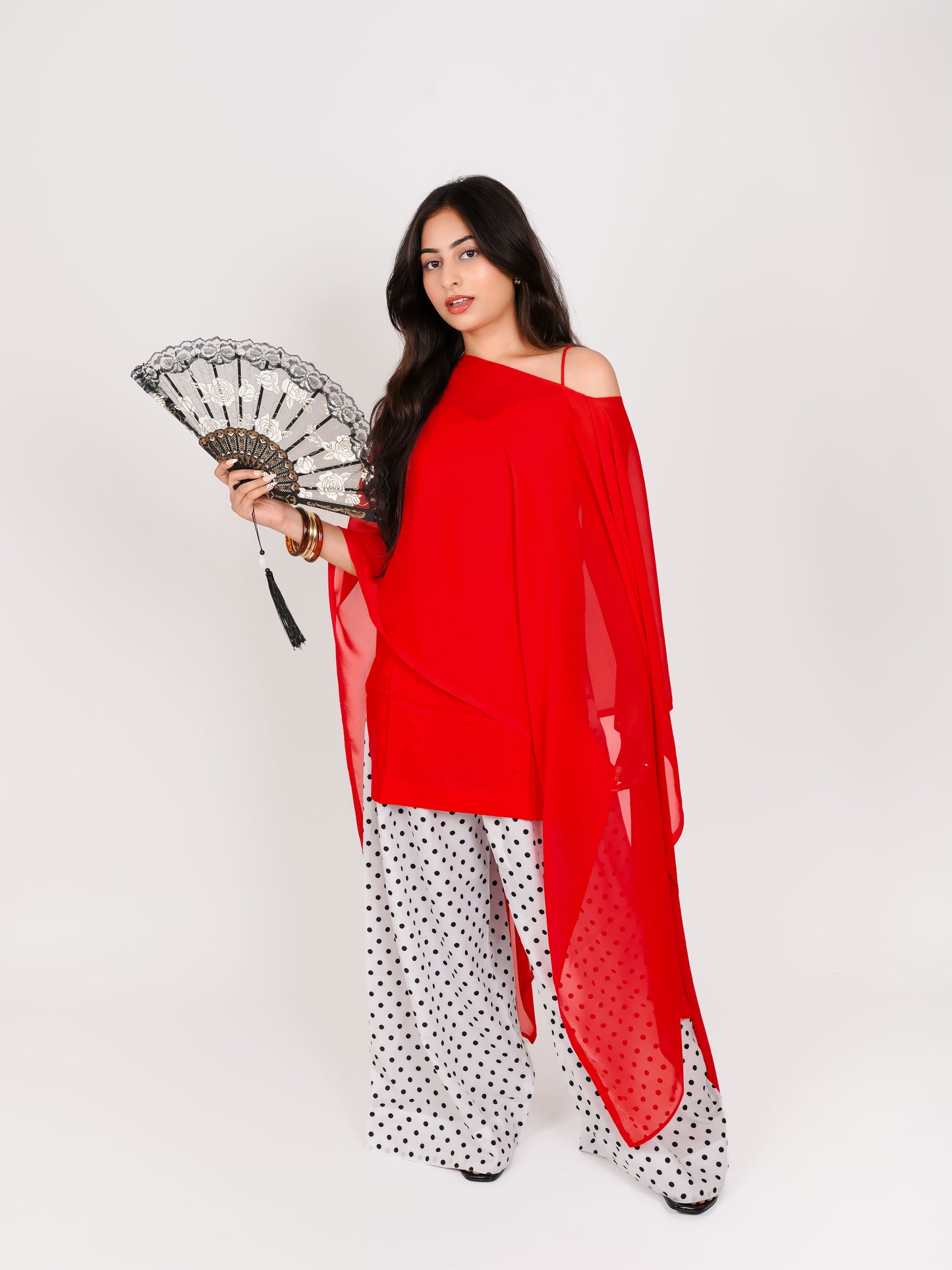 MONOMEE EDHAYA RED POLKA DOT CAPE KURTA SET WITH FARSHI SALWAR