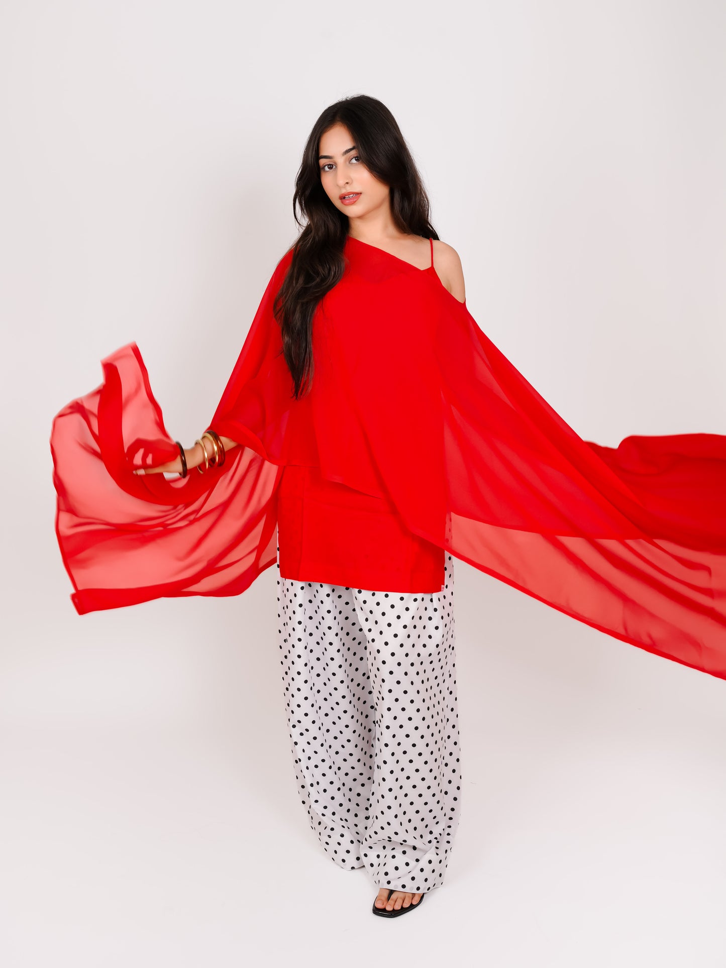 MONOMEE EDHAYA RED POLKA DOT CAPE KURTA SET WITH FARSHI SALWAR