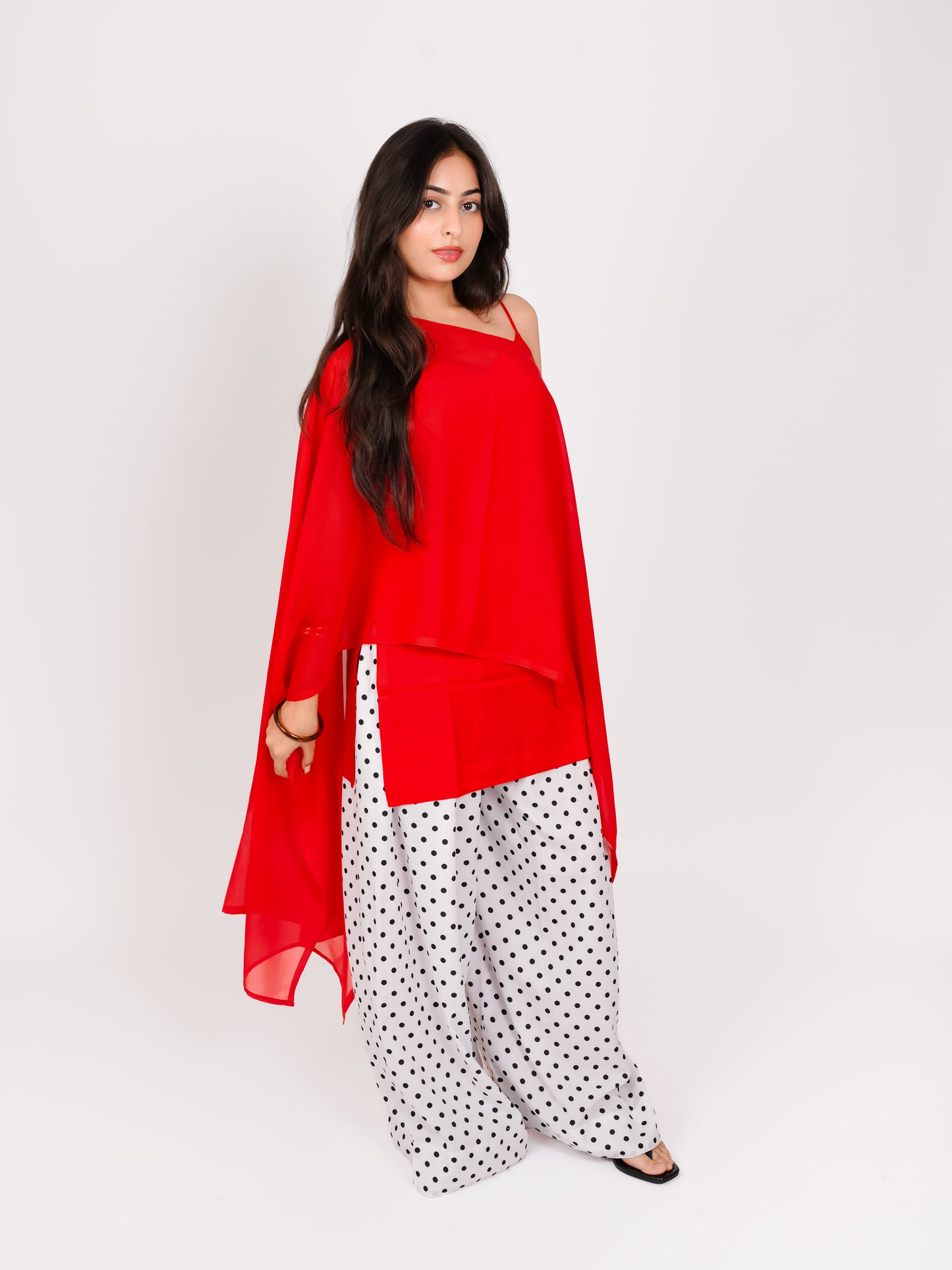 MONOMEE EDHAYA RED POLKA DOT CAPE KURTA SET WITH FARSHI SALWAR