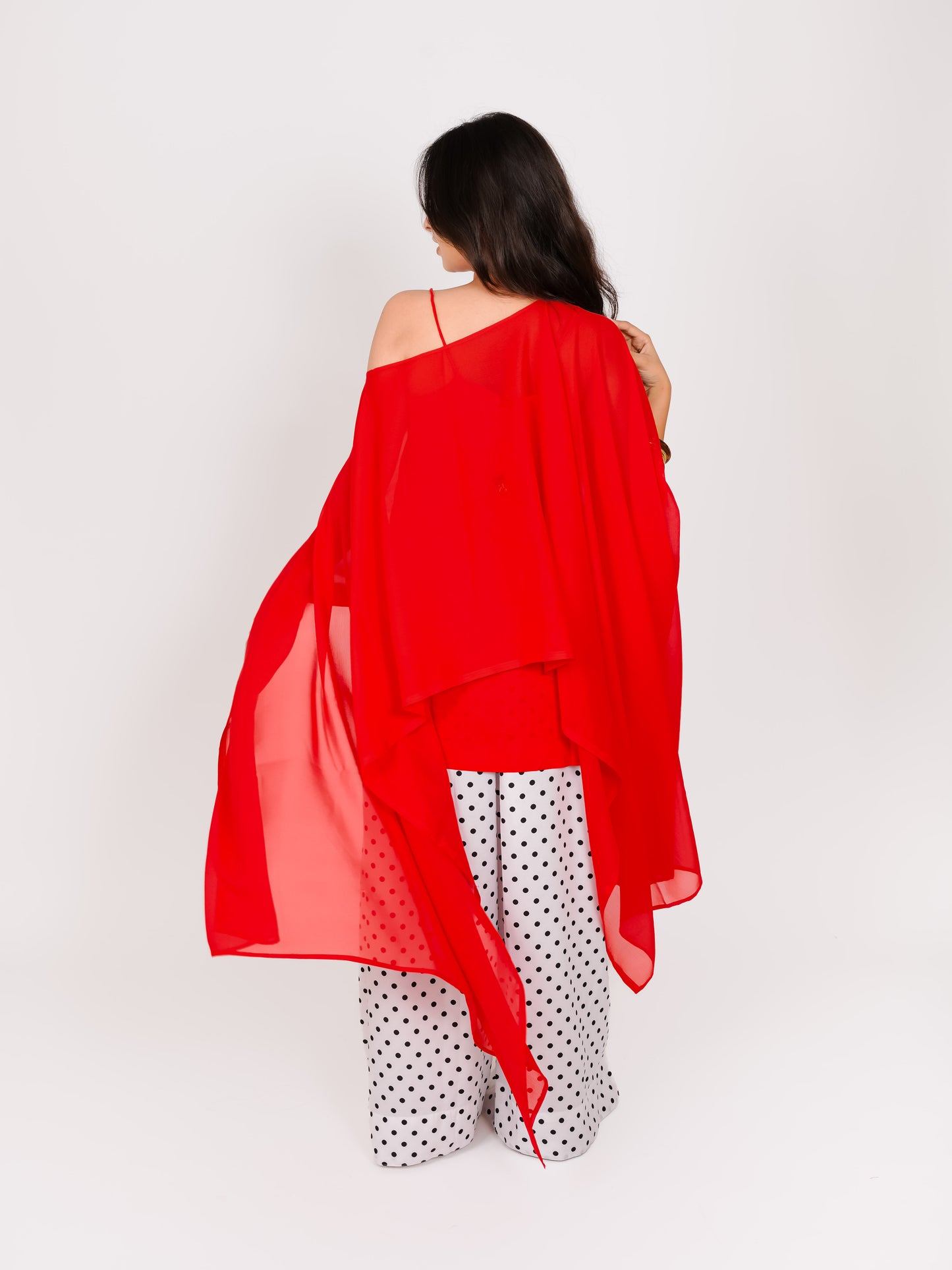 MONOMEE EDHAYA RED POLKA DOT CAPE KURTA SET WITH FARSHI SALWAR