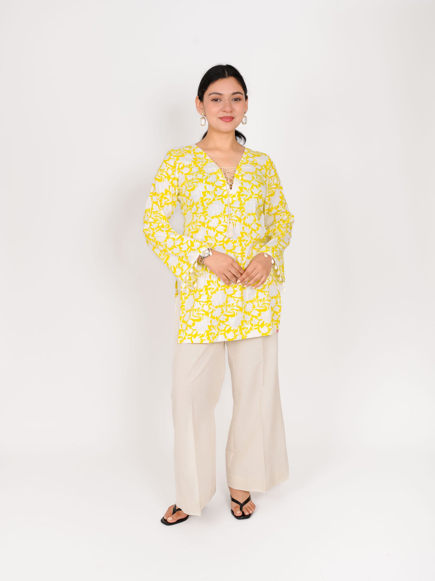 MONOMEE ALYA FLORAL BELL SLEEVE SHORT KURTA SET WITH PALAZZO