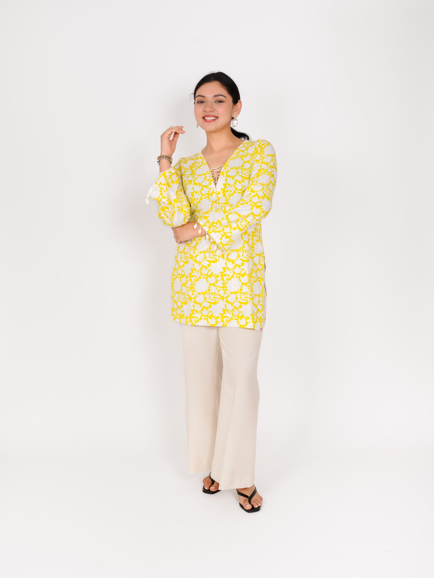 MONOMEE ALYA FLORAL BELL SLEEVE SHORT KURTA SET WITH PALAZZO
