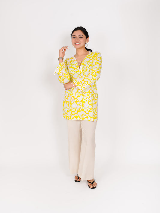 MONOMEE ALYA FLORAL BELL SLEEVE SHORT KURTA SET WITH PALAZZO