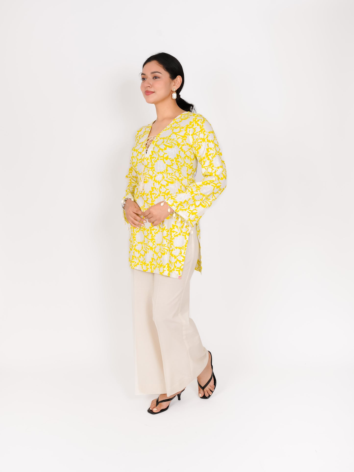 MONOMEE ALYA FLORAL BELL SLEEVE SHORT KURTA SET WITH PALAZZO