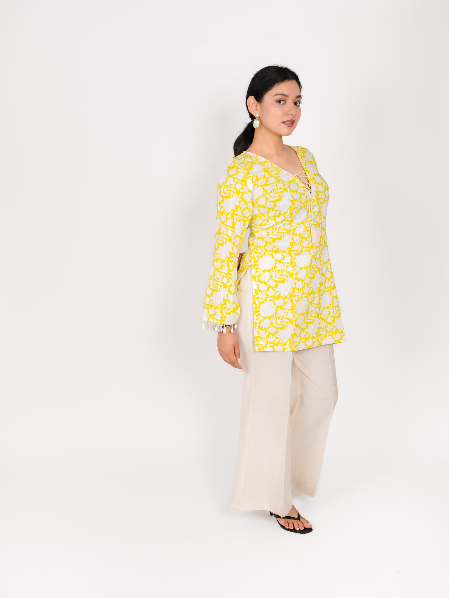 MONOMEE ALYA FLORAL BELL SLEEVE SHORT KURTA SET WITH PALAZZO