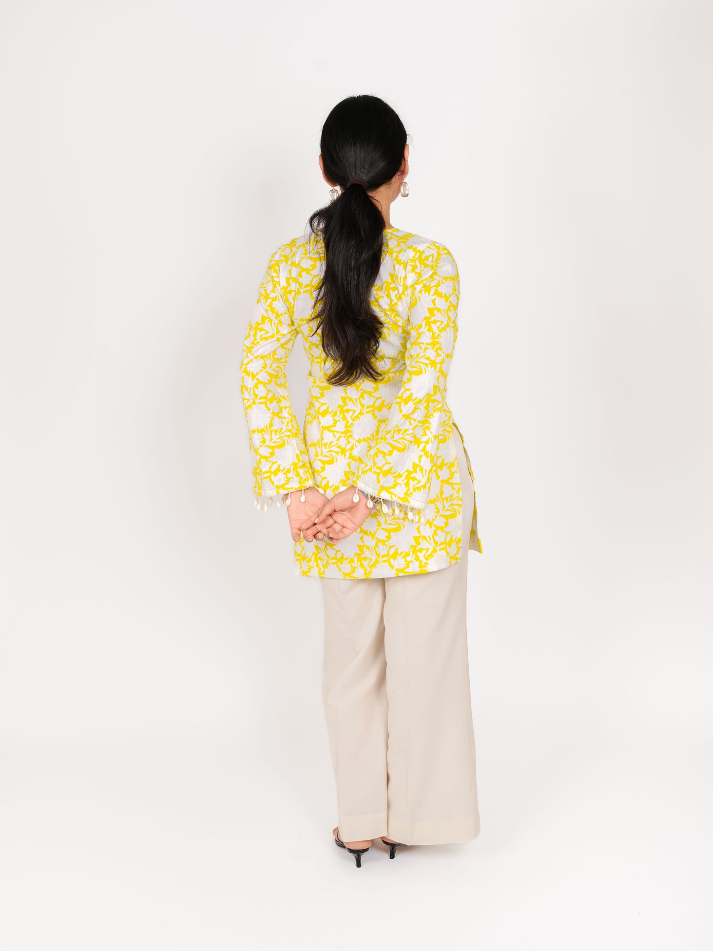 MONOMEE ALYA FLORAL BELL SLEEVE SHORT KURTA SET WITH PALAZZO