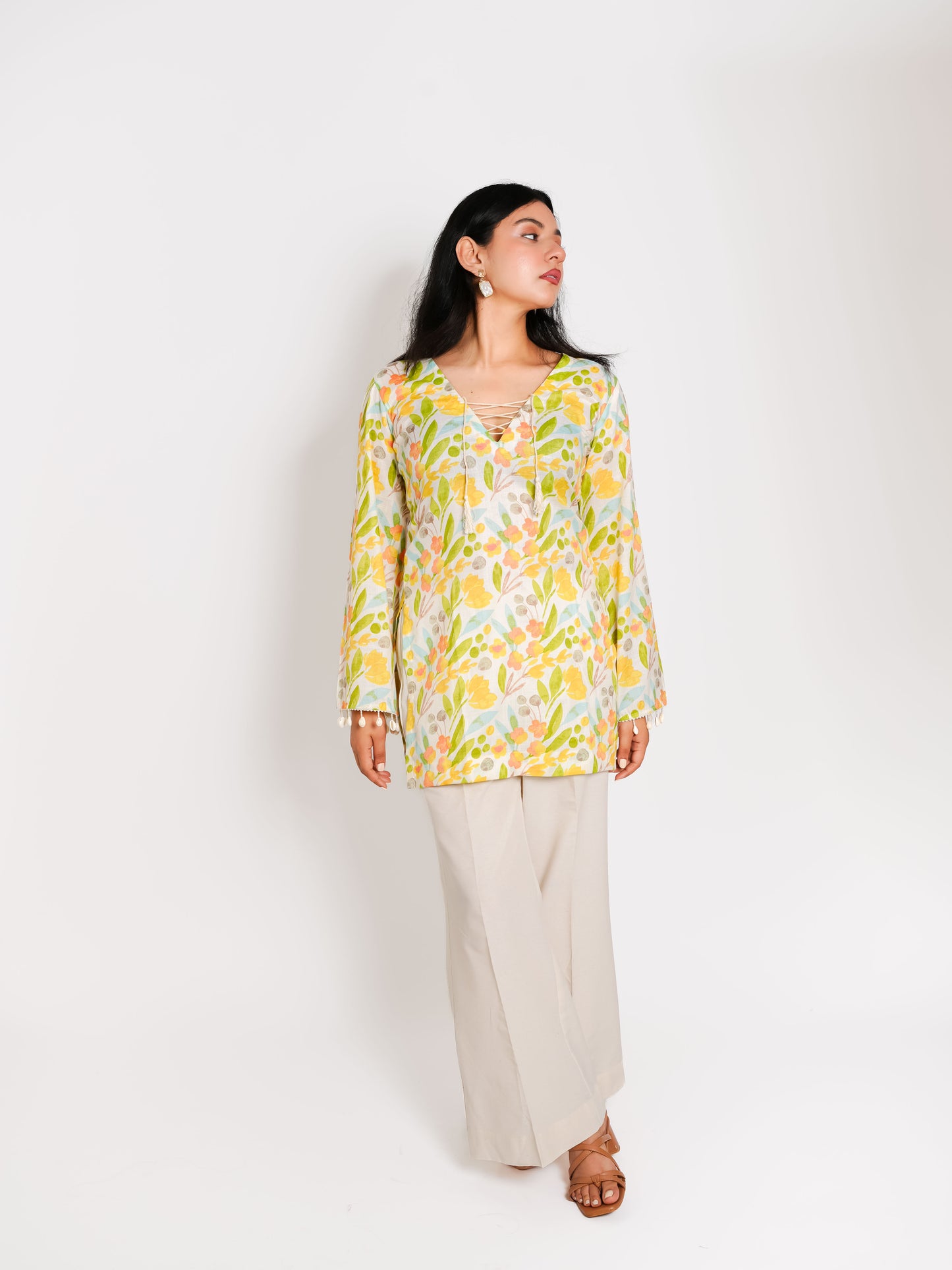 MONOMEE DHRITVI FLORAL BELL SLEEVE SHORT KURTA SET WITH PALAZZO