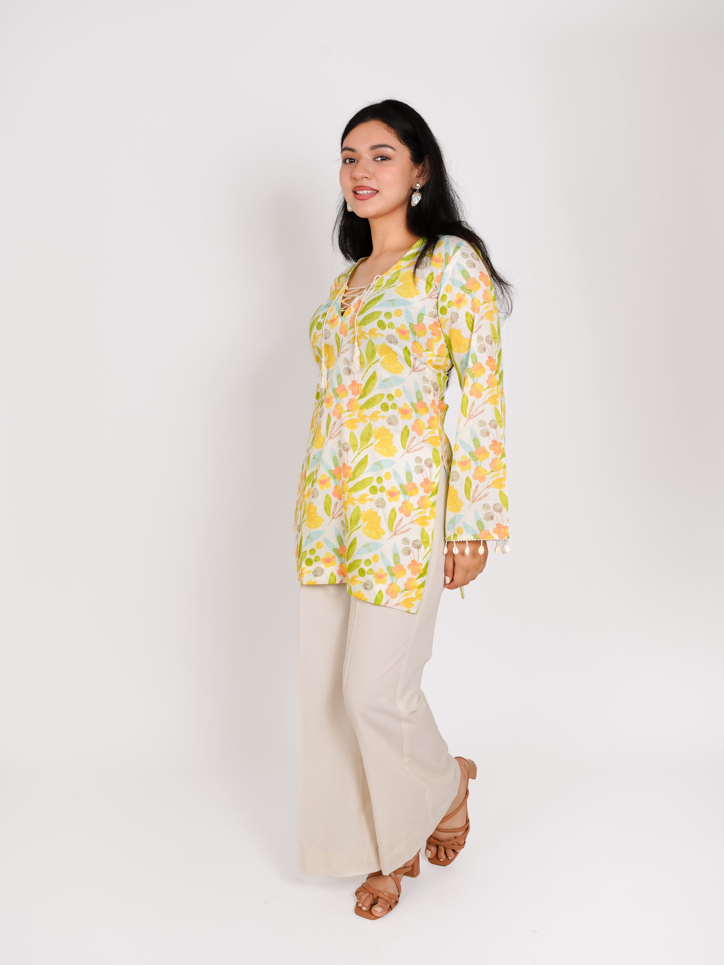 MONOMEE DHRITVI FLORAL BELL SLEEVE SHORT KURTA SET WITH PALAZZO