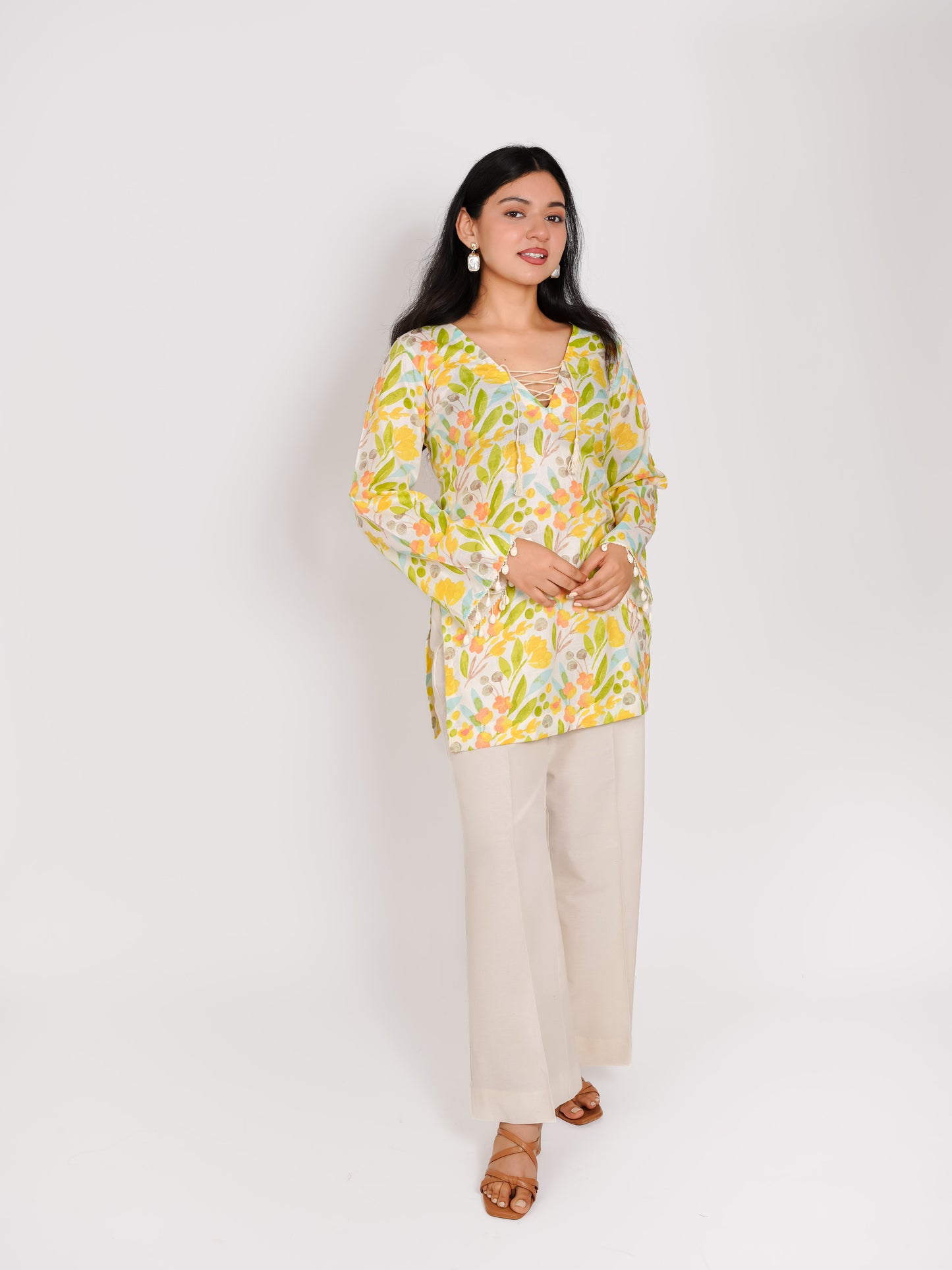MONOMEE DHRITVI FLORAL BELL SLEEVE SHORT KURTA SET WITH PALAZZO