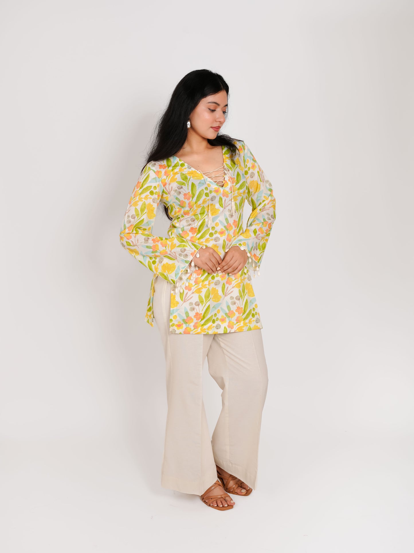 MONOMEE DHRITVI FLORAL BELL SLEEVE SHORT KURTA SET WITH PALAZZO