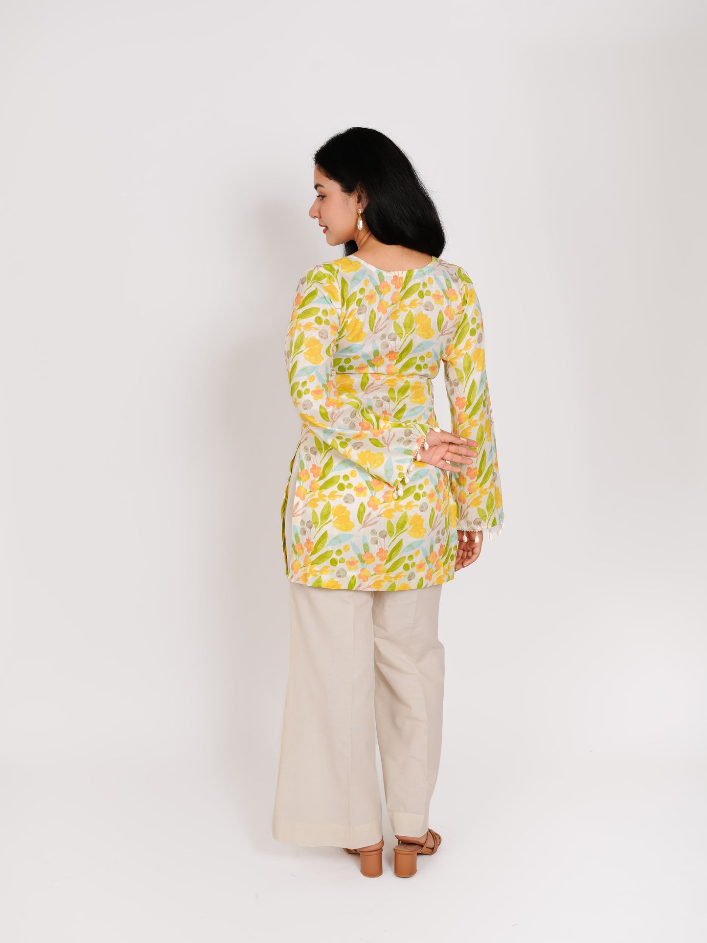 MONOMEE DHRITVI FLORAL BELL SLEEVE SHORT KURTA SET WITH PALAZZO