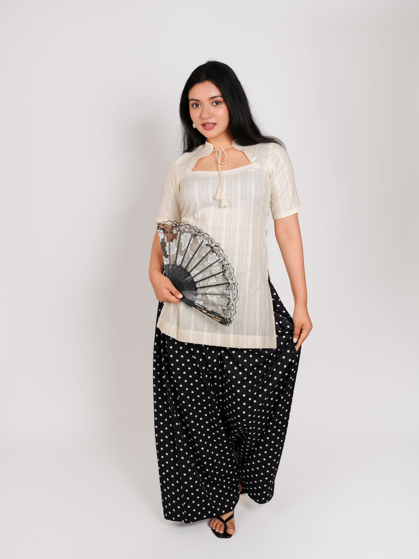 MONOMEE MOON KURTA SET WITH BLACK POLKA DOT FARSHI SALWAR