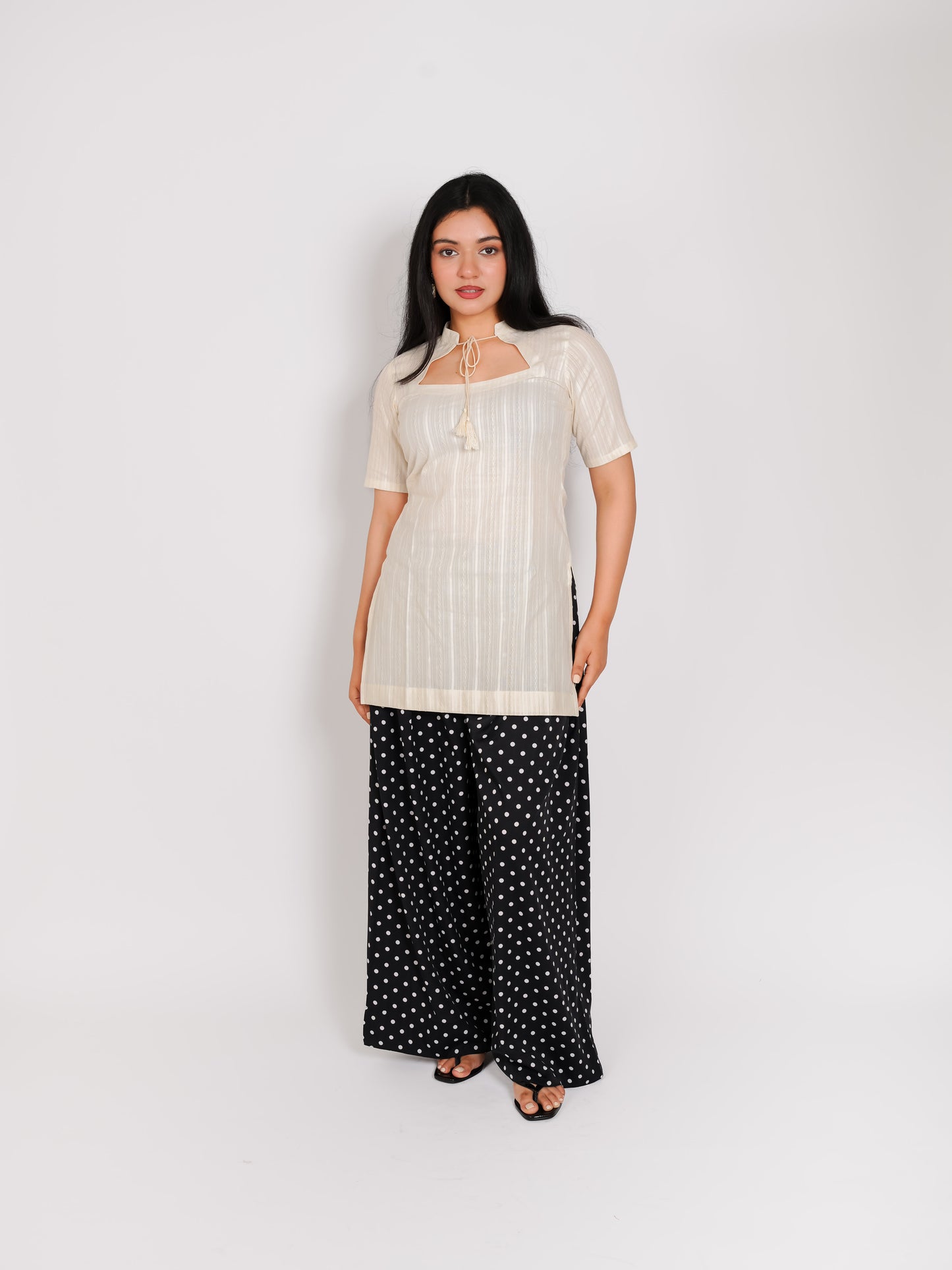 MONOMEE MOON KURTA SET WITH BLACK POLKA DOT FARSHI SALWAR