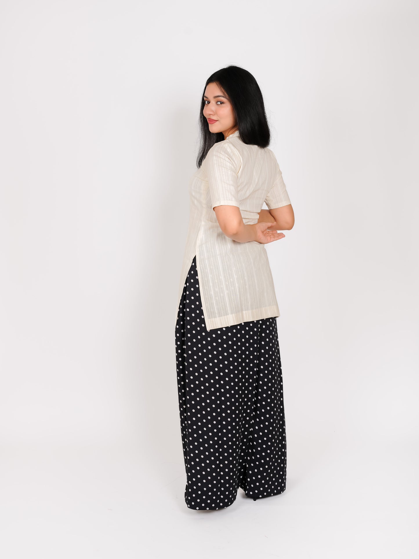 MONOMEE MOON KURTA SET WITH BLACK POLKA DOT FARSHI SALWAR