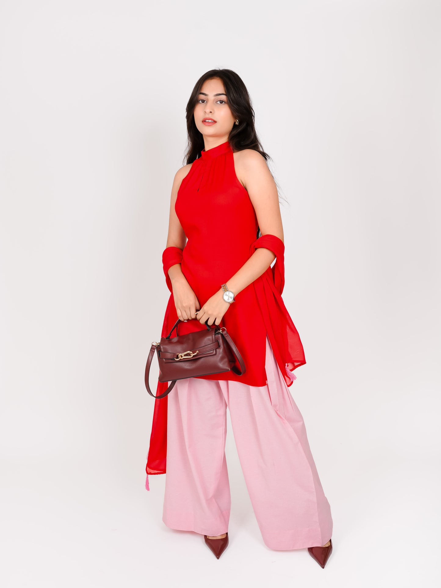 MONOMEE SRIYUTSA RED & PINK FARSHI SALWAR SET WITH DUPATTA