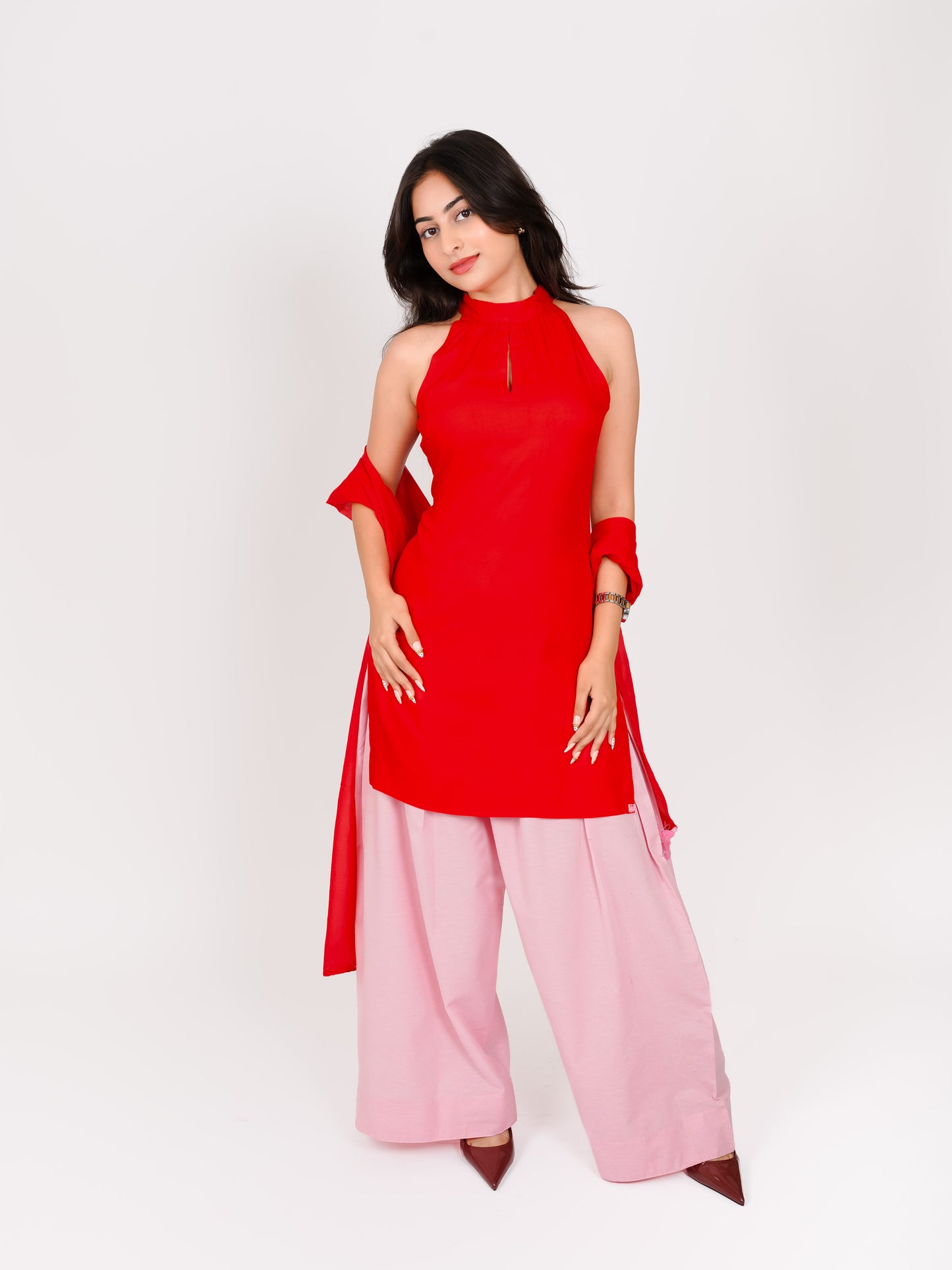 MONOMEE SRIYUTSA RED & PINK FARSHI SALWAR SET WITH DUPATTA