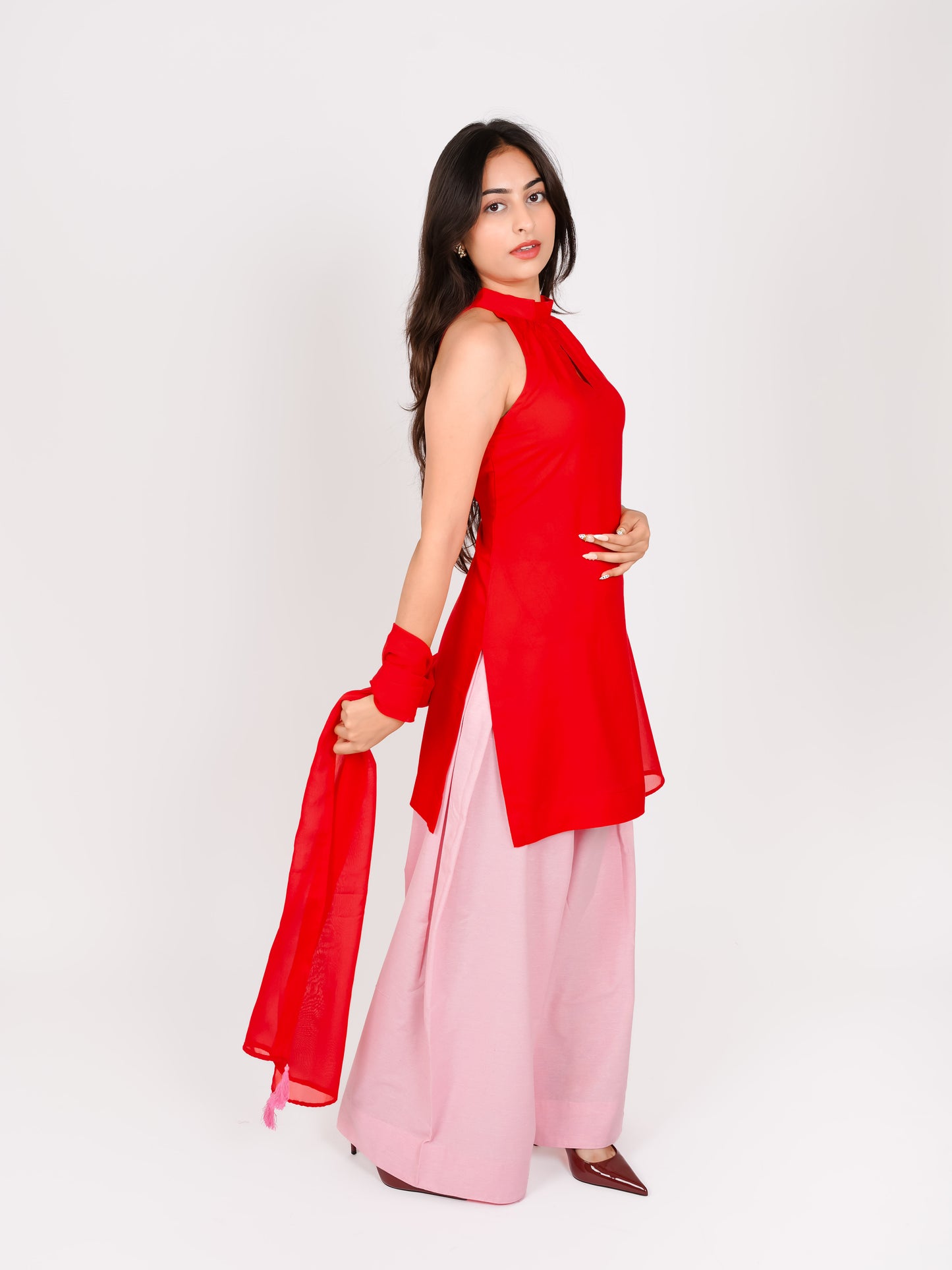 MONOMEE SRIYUTSA RED & PINK FARSHI SALWAR SET WITH DUPATTA