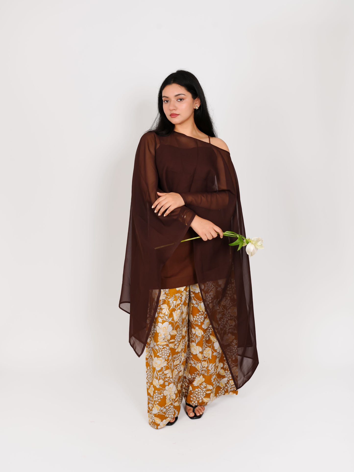 MONOMEE BROWN FLORAL CAPE SET WITH FARSHI SALWAR