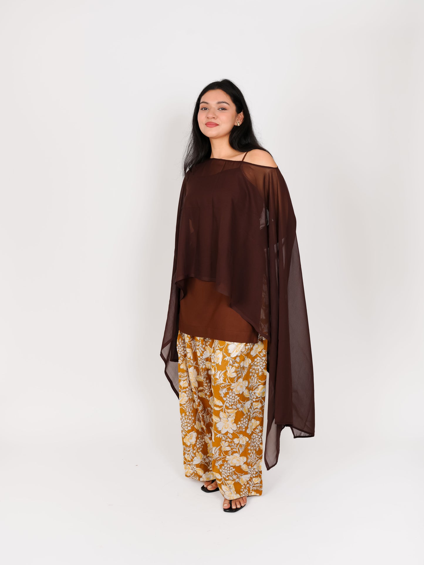 MONOMEE BROWN FLORAL CAPE SET WITH FARSHI SALWAR