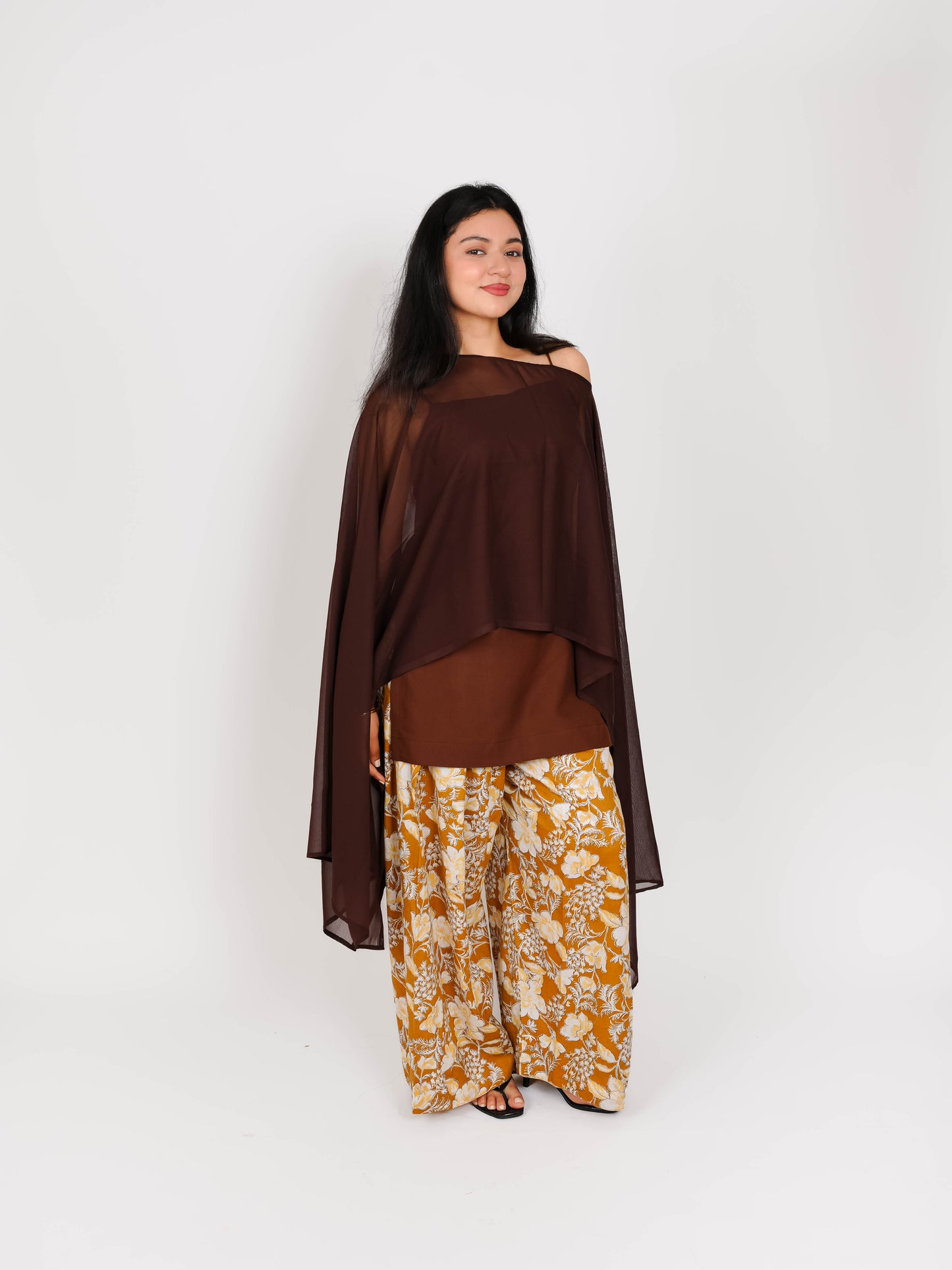 MONOMEE BROWN FLORAL CAPE SET WITH FARSHI SALWAR