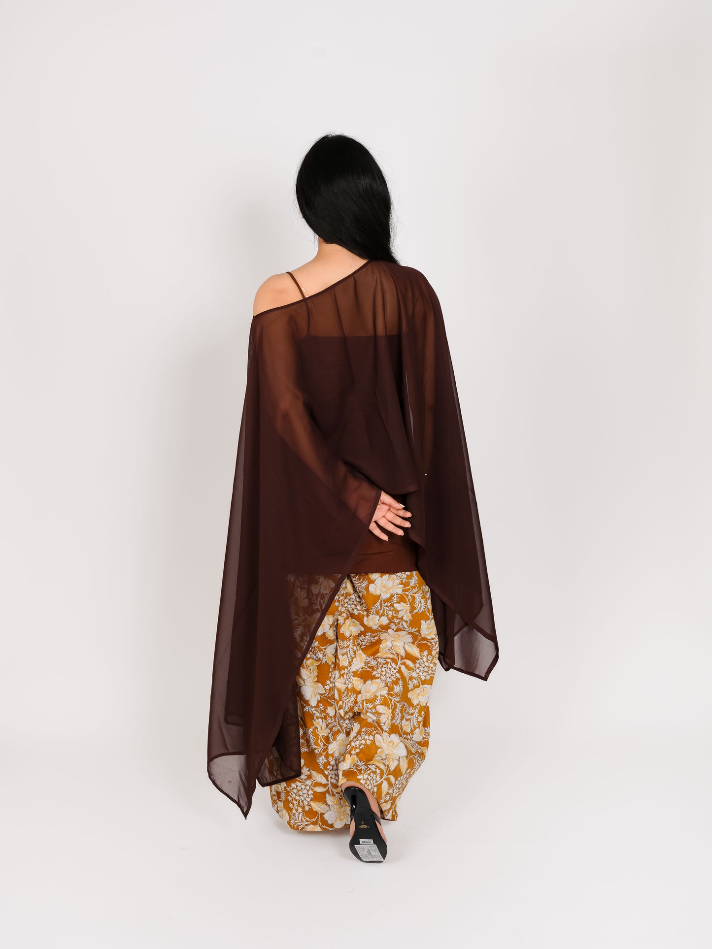 MONOMEE BROWN FLORAL CAPE SET WITH FARSHI SALWAR