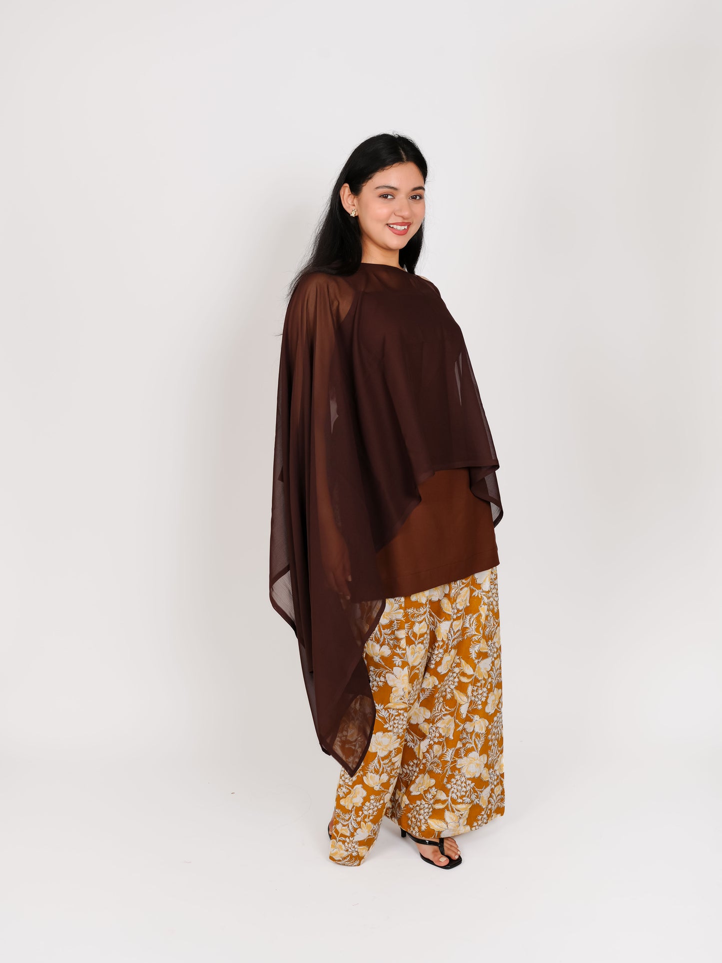 MONOMEE BROWN FLORAL CAPE SET WITH FARSHI SALWAR