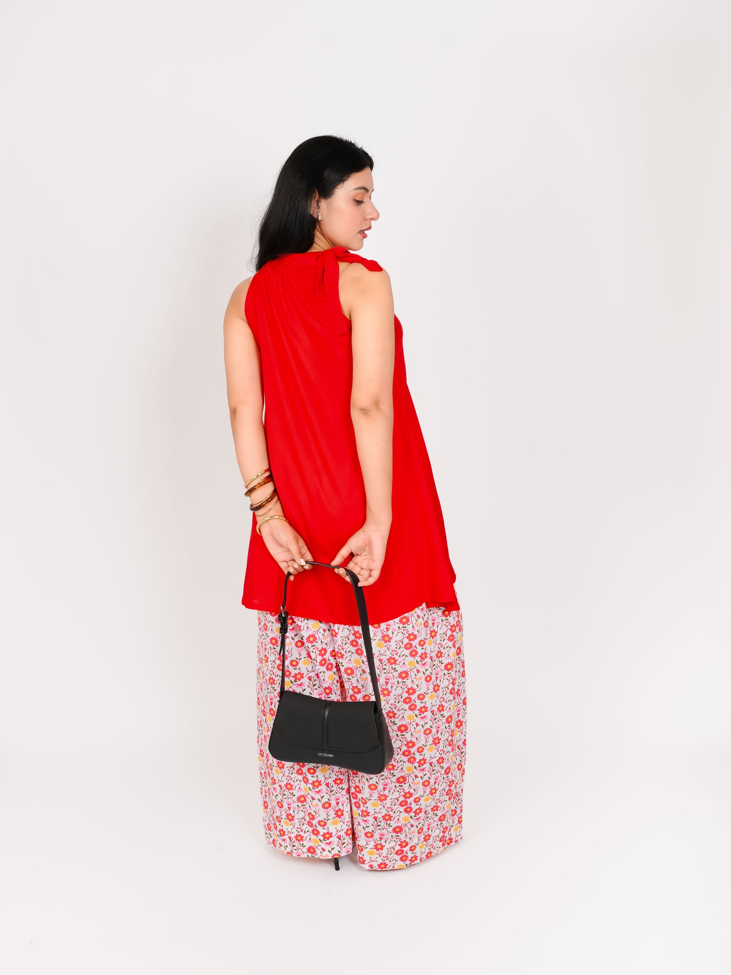 MONOMEE DREEVA RED FLORAL HALTER NECK FARSHI SALWAR SET