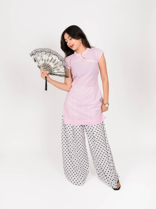 MONOMEE TISHYA PINK STRIPE KURTA SET WITH WHITE POLKA DOT FARSHI SALWAR