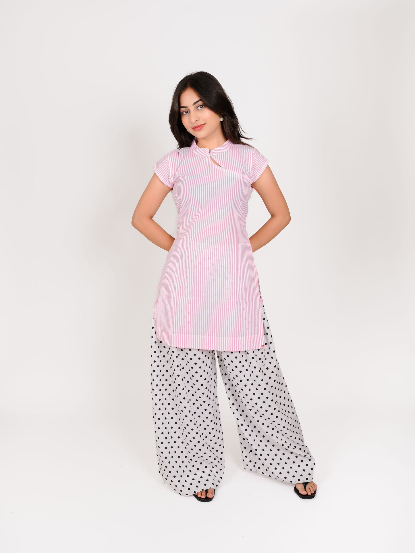 MONOMEE TISHYA PINK STRIPE KURTA SET WITH WHITE POLKA DOT FARSHI SALWAR