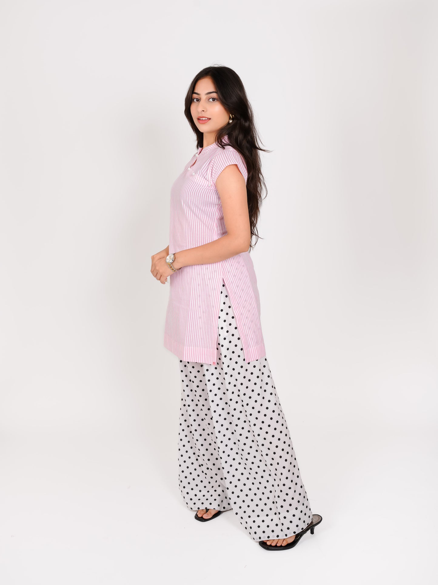 MONOMEE TISHYA PINK STRIPE KURTA SET WITH WHITE POLKA DOT FARSHI SALWAR