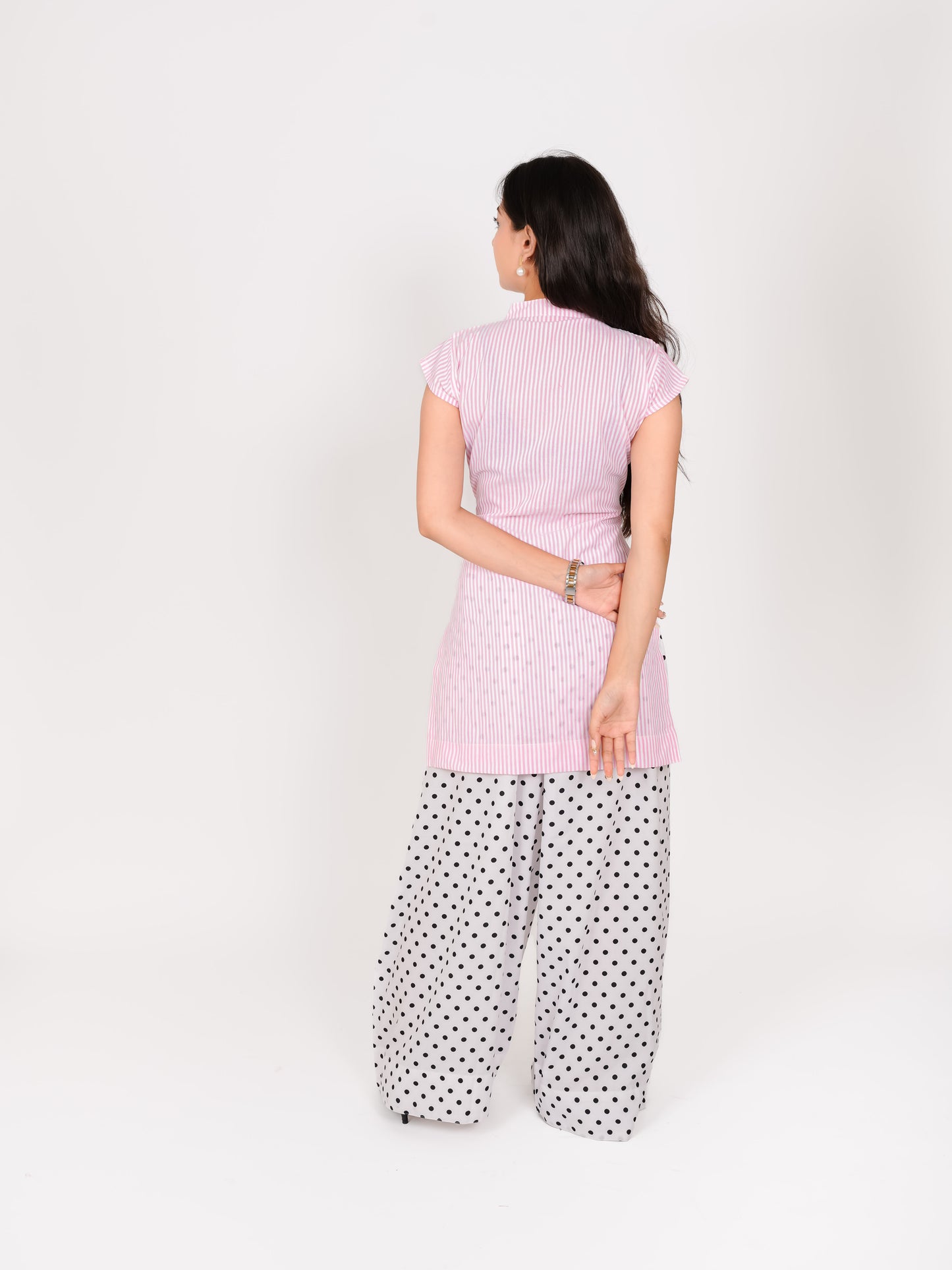 MONOMEE TISHYA PINK STRIPE KURTA SET WITH WHITE POLKA DOT FARSHI SALWAR