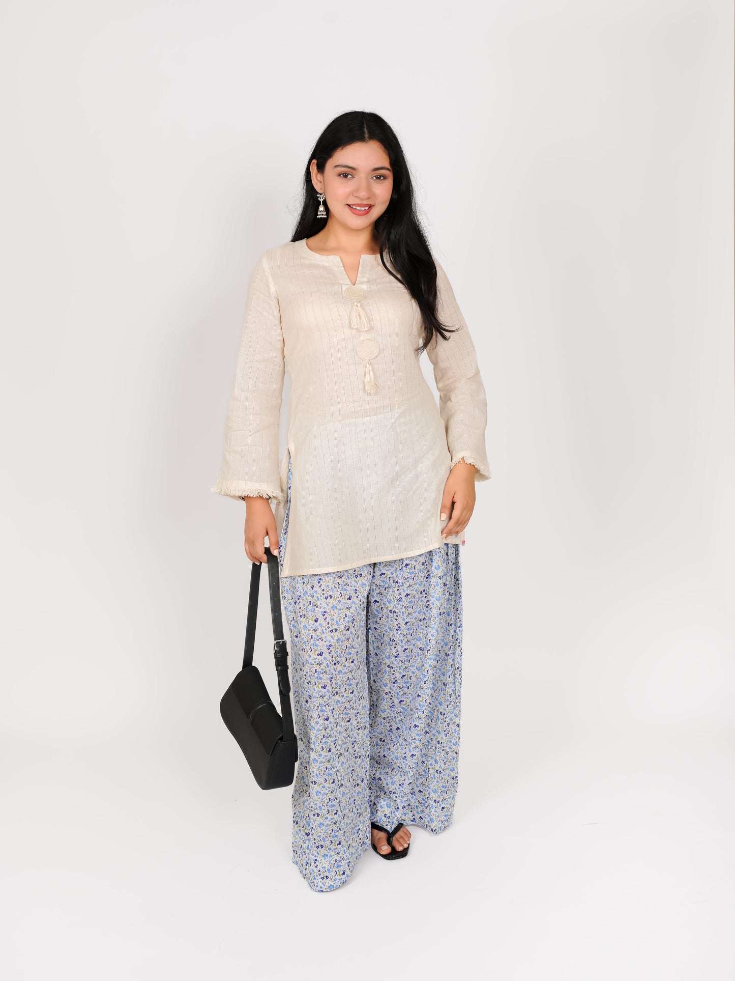 MONOMEE REVA OFF-WHITE & BLUE FLORAL FARSHI SALWAR SET