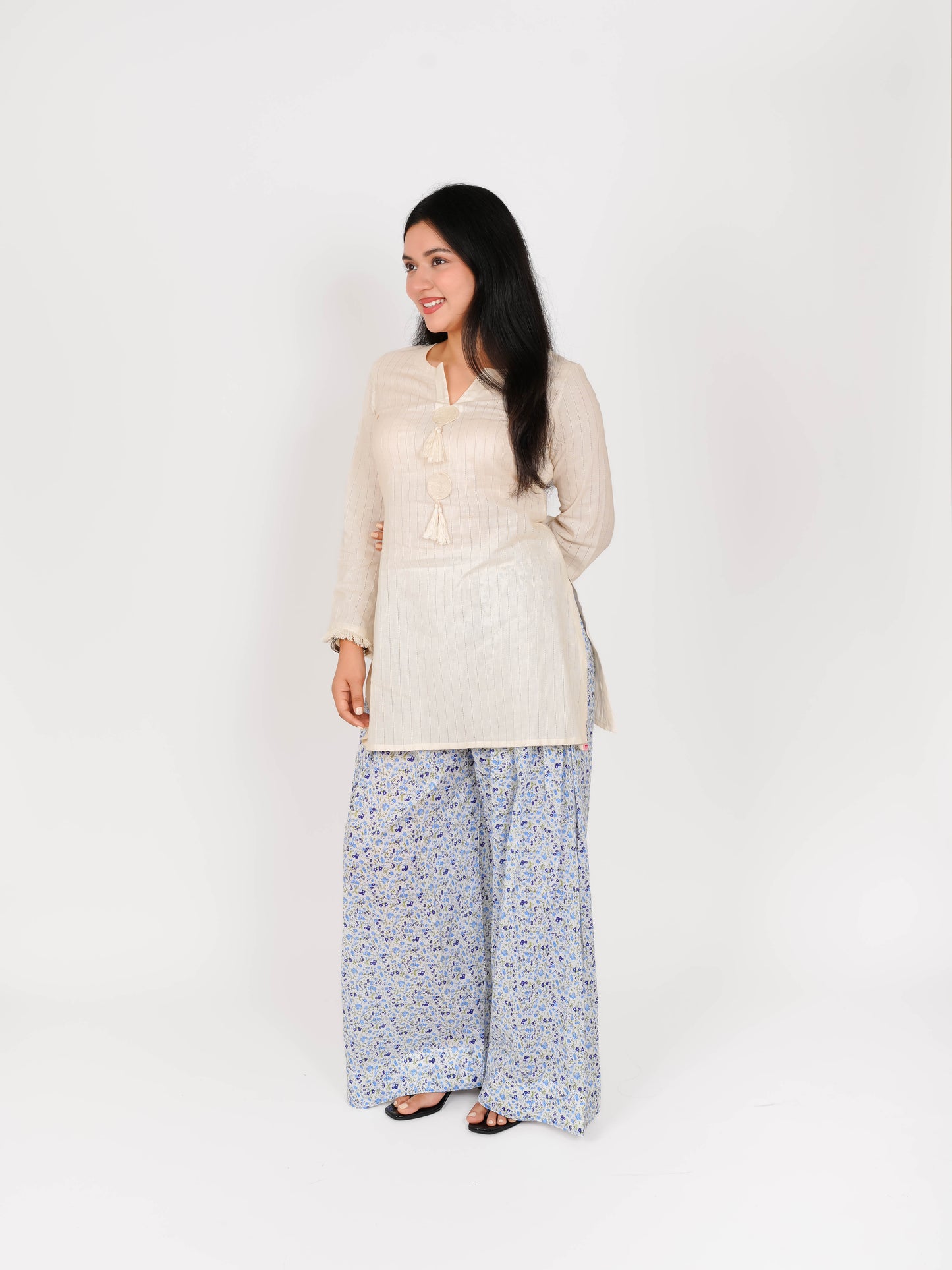 MONOMEE REVA OFF-WHITE & BLUE FLORAL FARSHI SALWAR SET