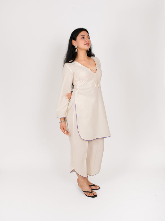 MONOMEE REVA OFF-WHITE NECK DORI KURTA SET