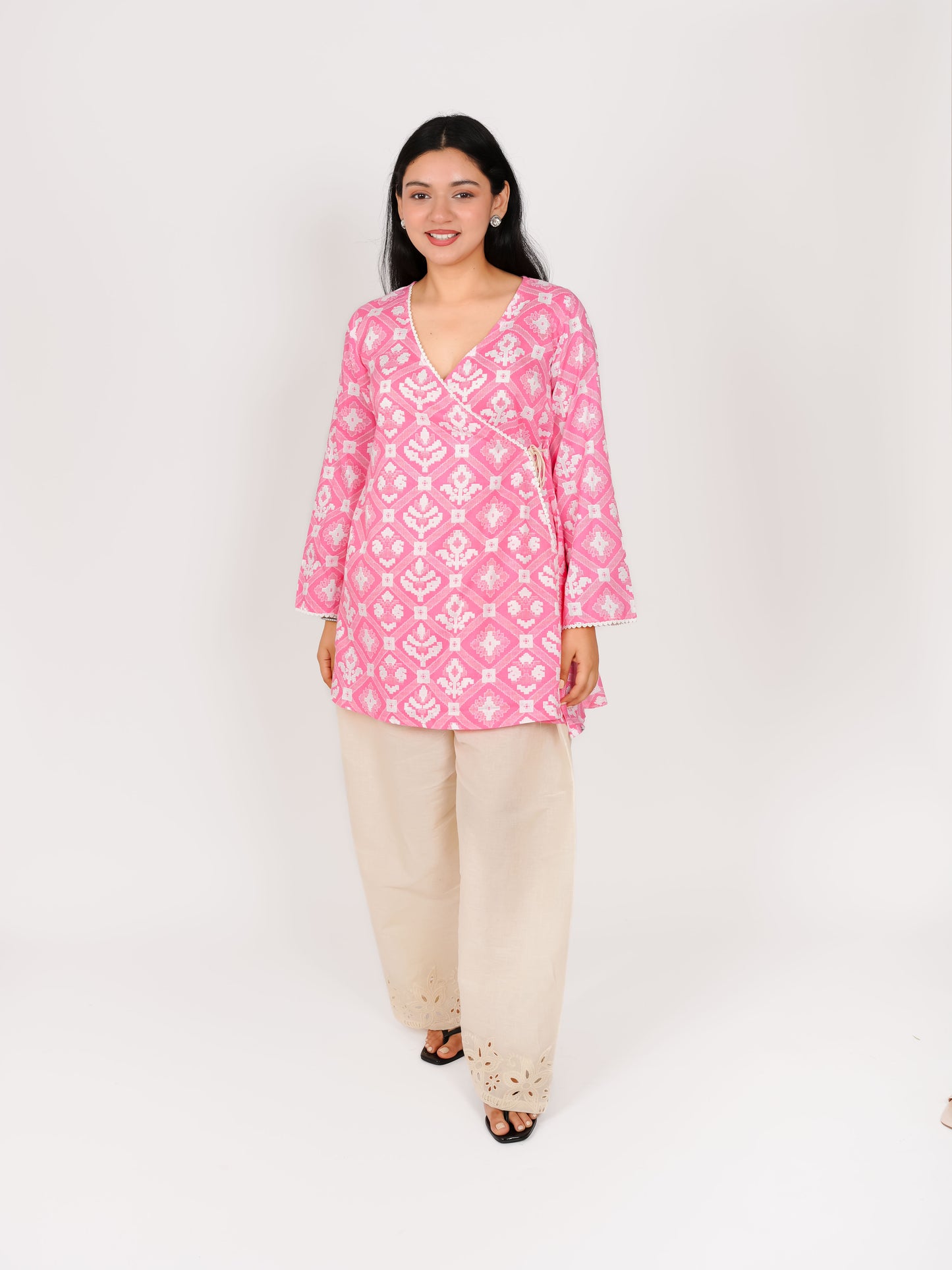 MONOMEE ARKYA PINK ANGARAKHA BELL SLEEVE SCHIFFLI FARSHI SALWAR SET
