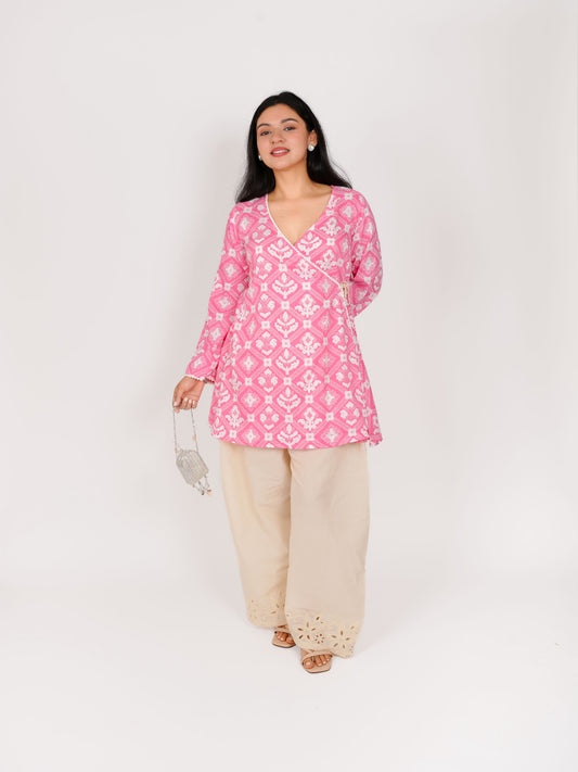 MONOMEE ARKYA PINK ANGARAKHA BELL SLEEVE SCHIFFLI FARSHI SALWAR SET