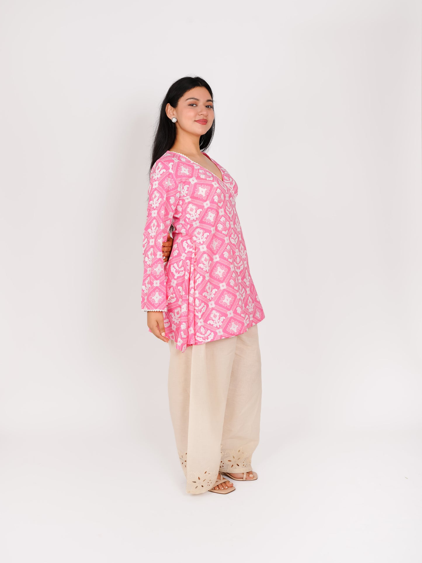 MONOMEE ARKYA PINK ANGARAKHA BELL SLEEVE SCHIFFLI FARSHI SALWAR SET