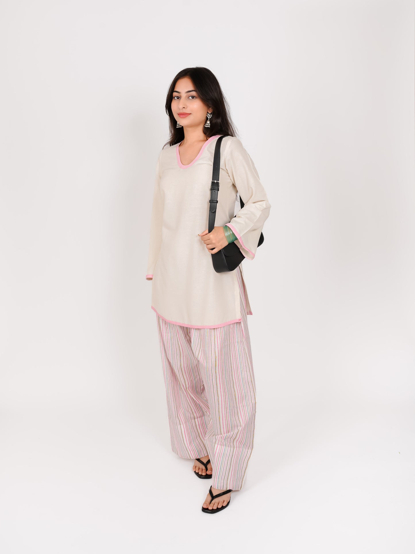 MONOMEE MEHVI PINK & WHITE STRIPE FARSHI SET