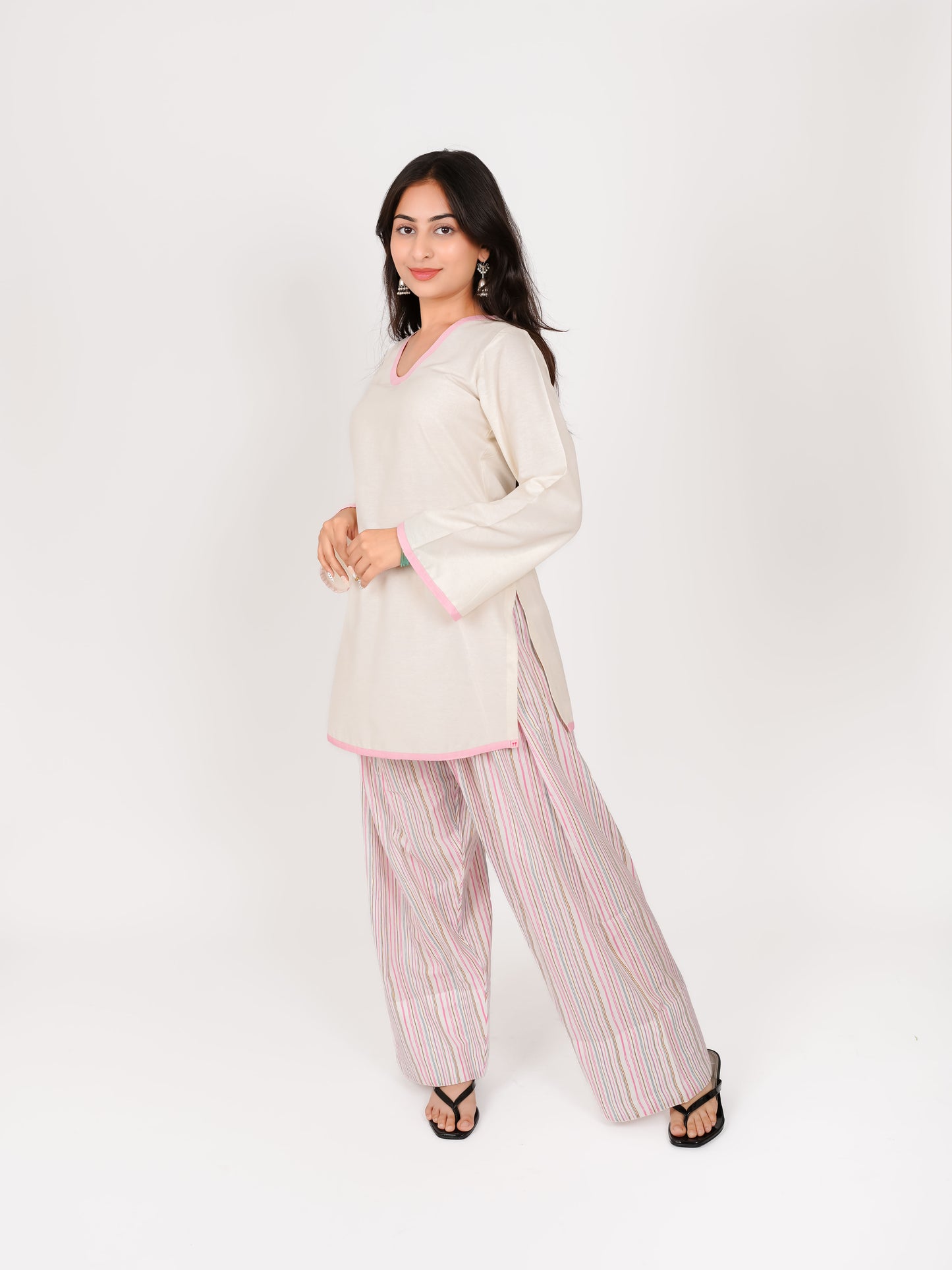 MONOMEE MEHVI PINK & WHITE STRIPE FARSHI SET