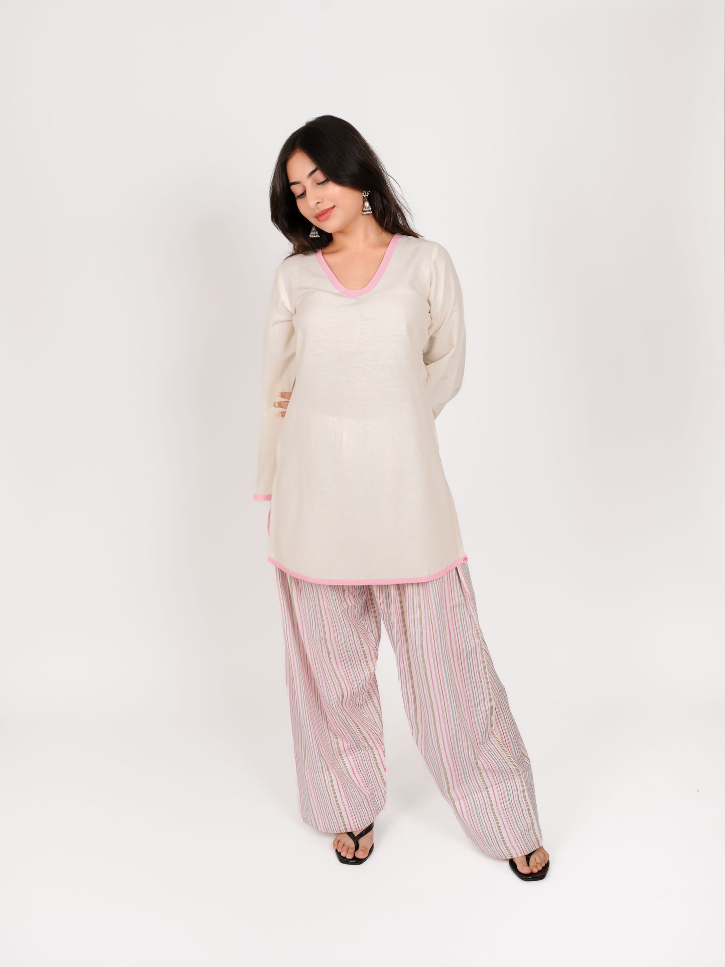 MONOMEE MEHVI PINK & WHITE STRIPE FARSHI SET
