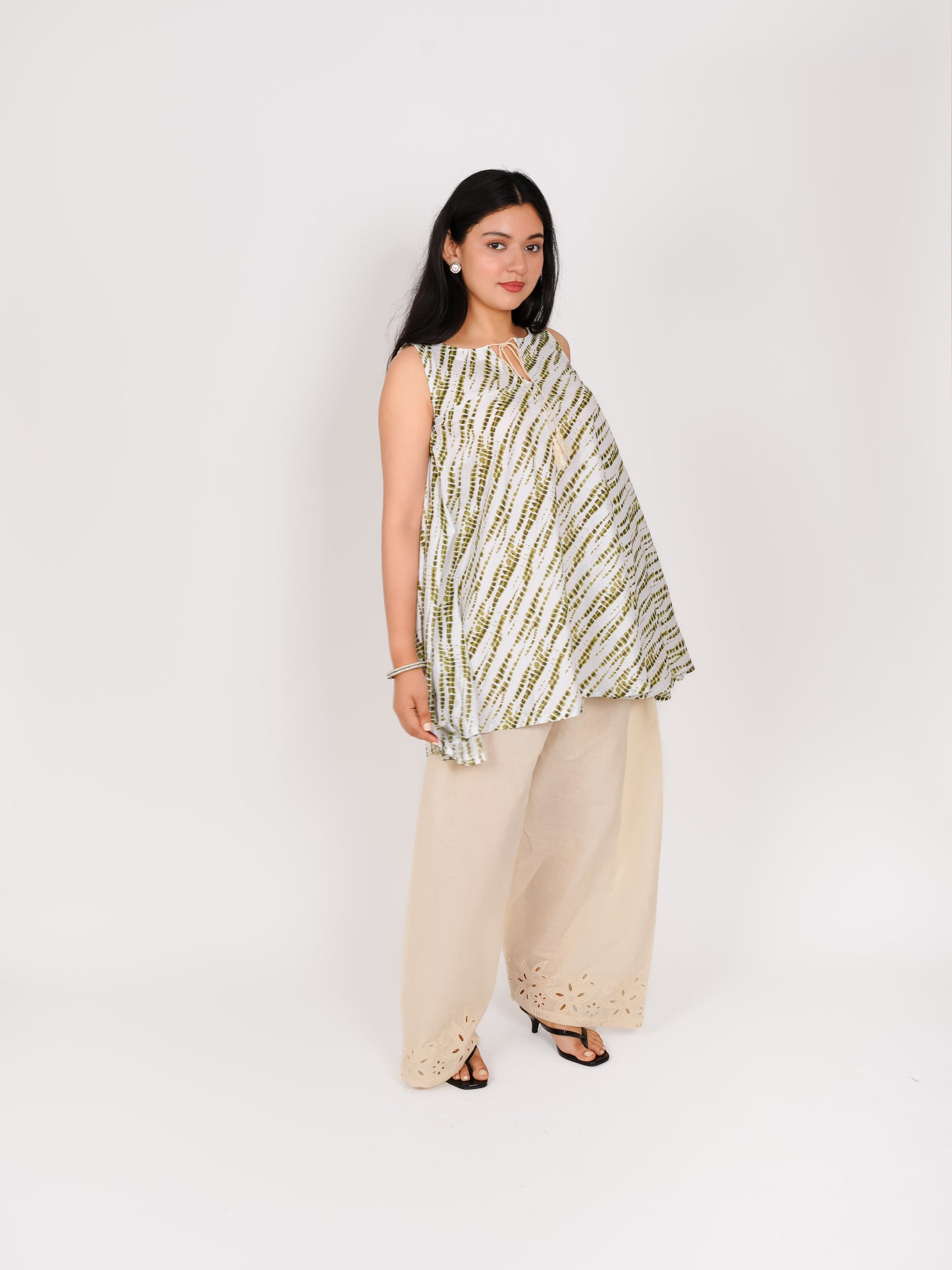MONOMEE TISHYA LEHERIYA A-LINE KURTA WITH FARSHI SALWAR SET