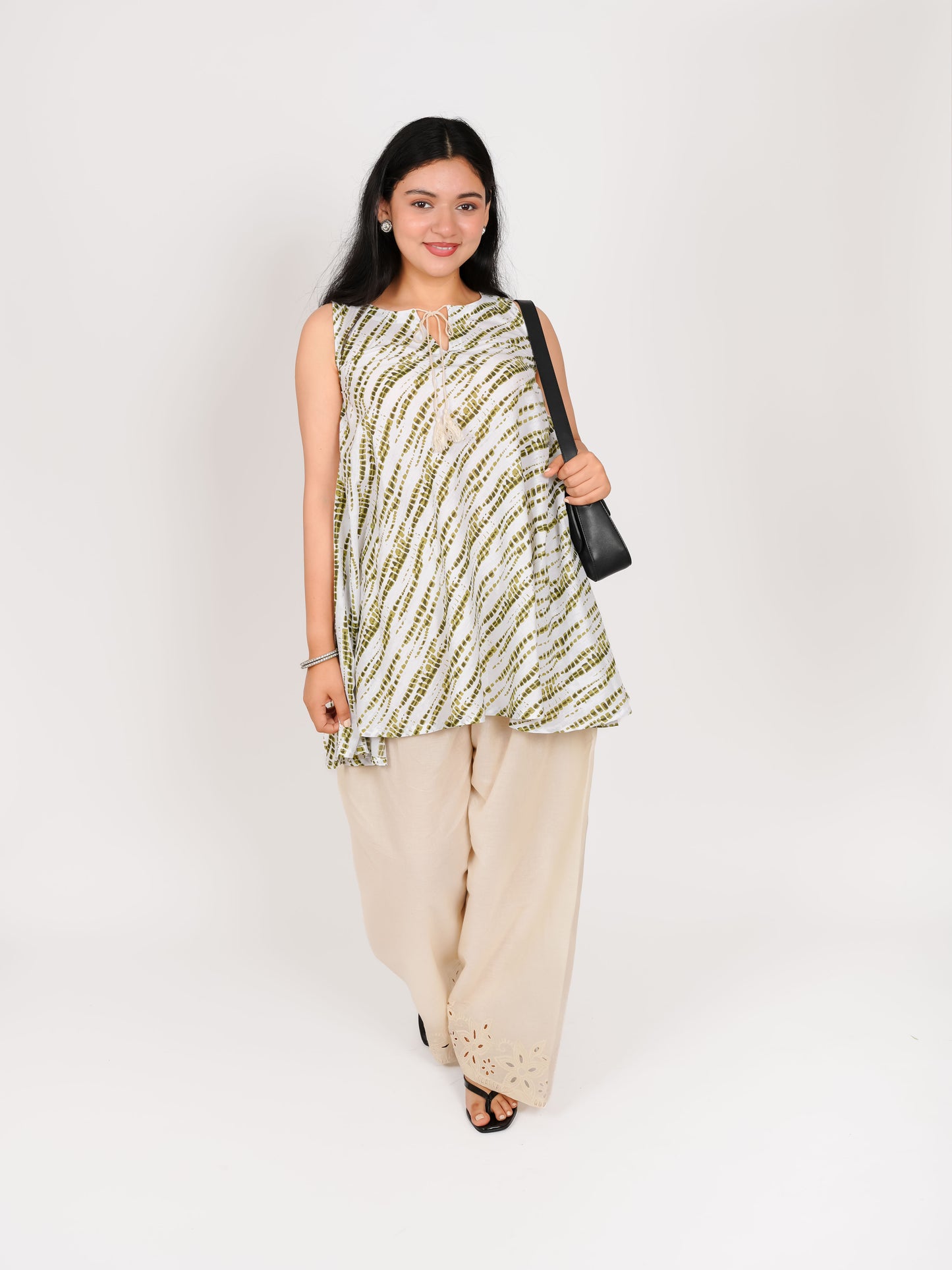 MONOMEE TISHYA LEHERIYA A-LINE KURTA WITH FARSHI SALWAR SET