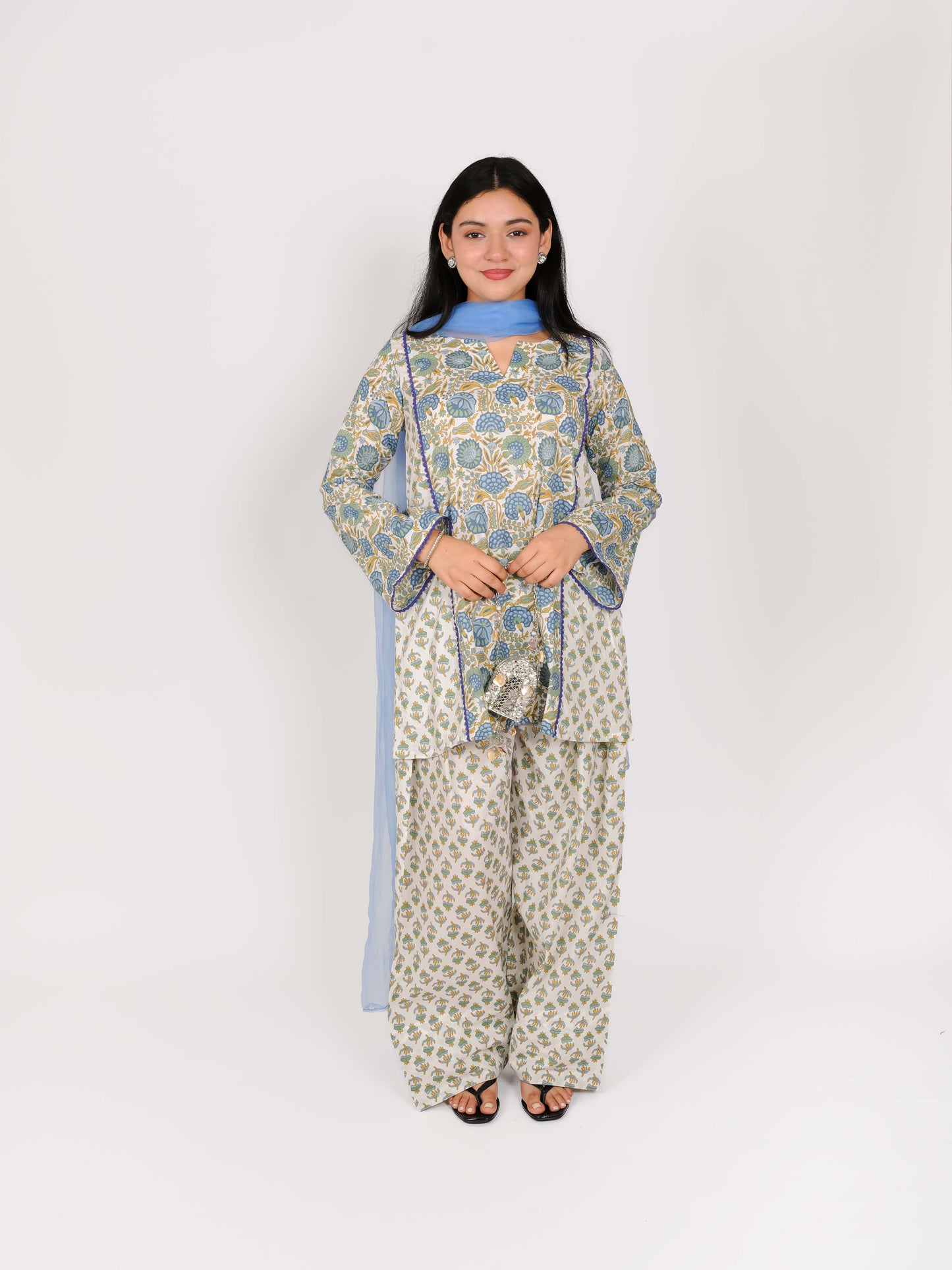MONOMEE AVNOOR BLUE COTTON FLORAL DUPATTA FARSHI SALWAR SET