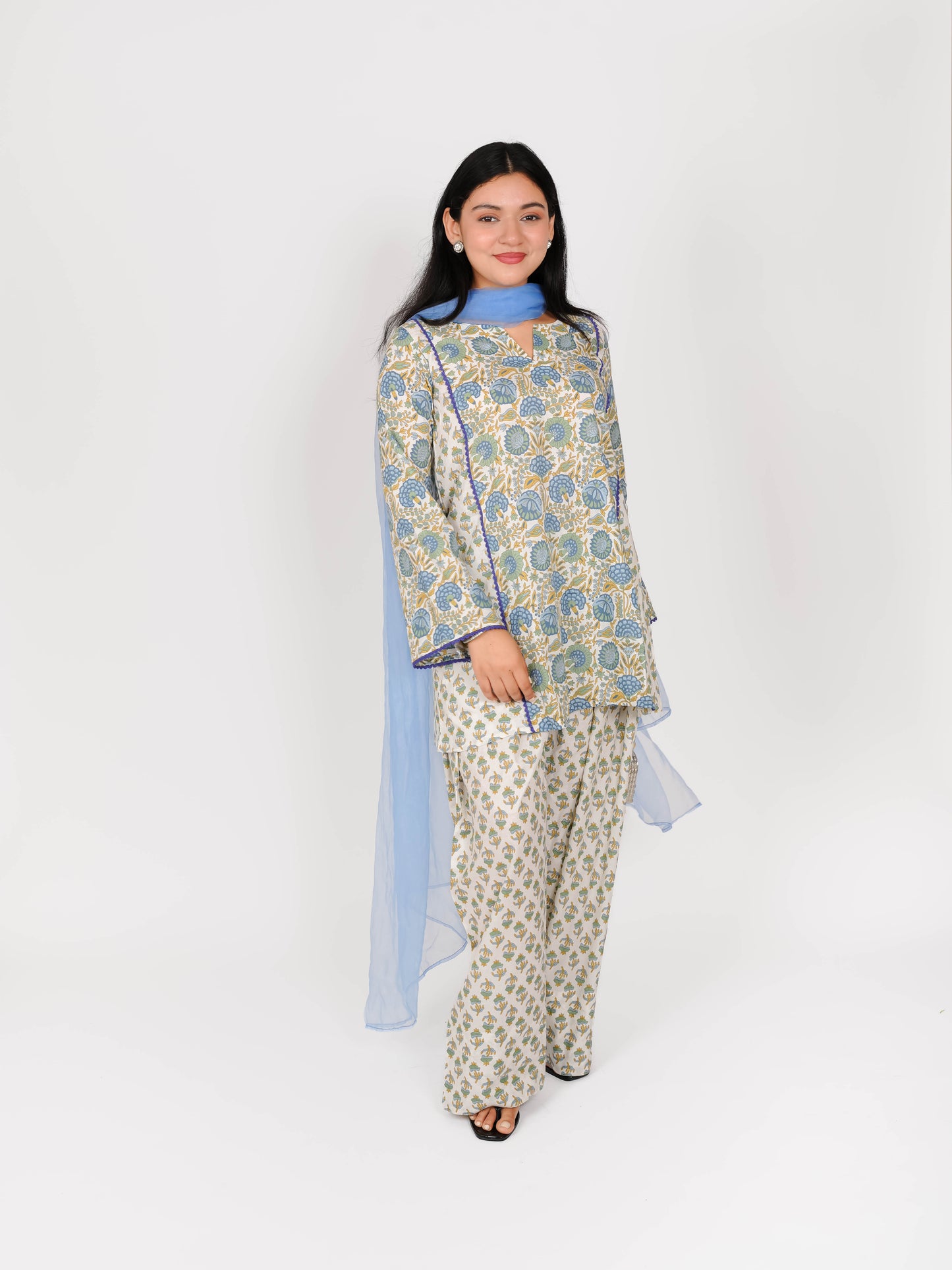 MONOMEE AVNOOR BLUE COTTON FLORAL DUPATTA FARSHI SALWAR SET
