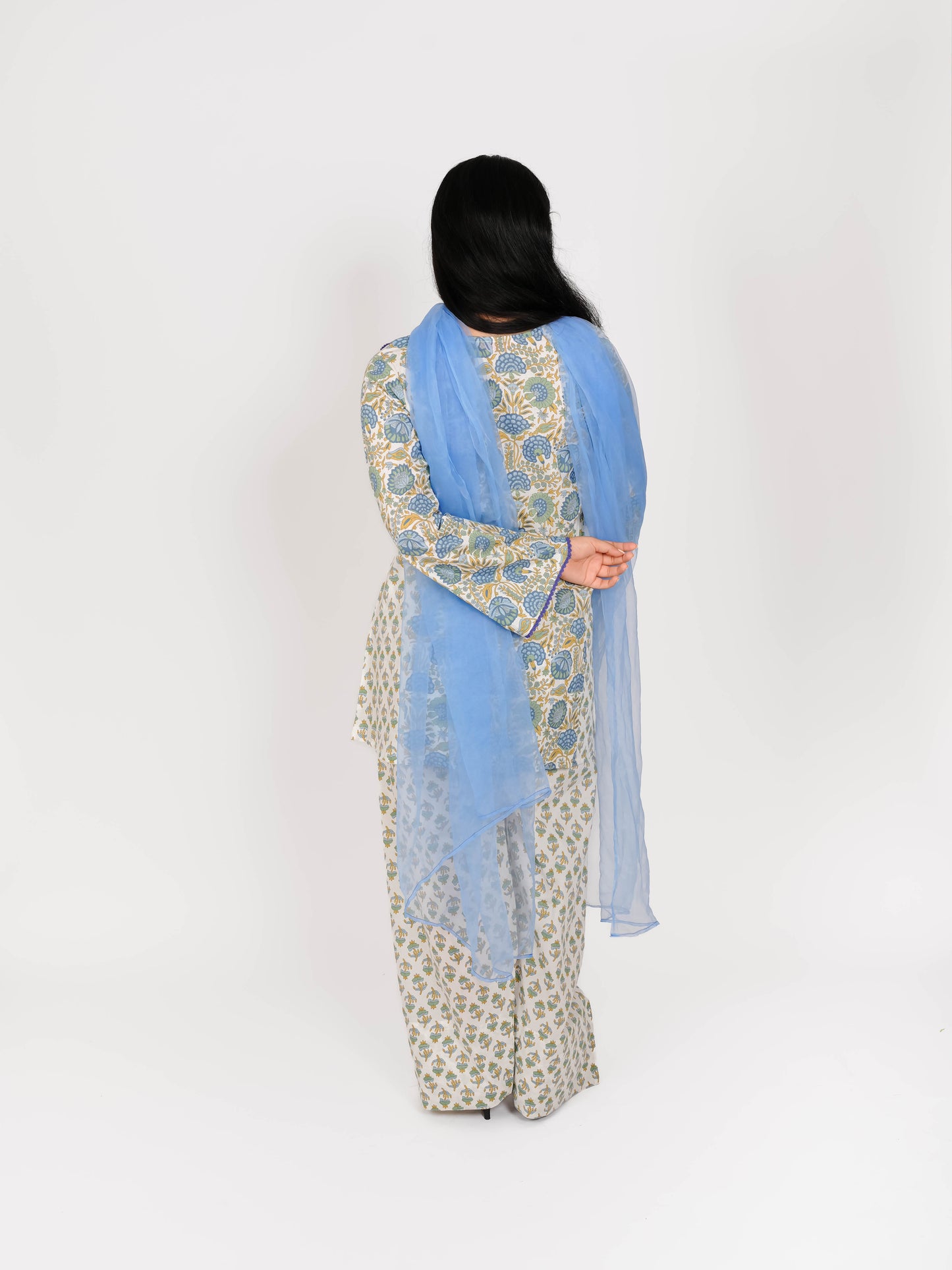 MONOMEE AVNOOR BLUE COTTON FLORAL DUPATTA FARSHI SALWAR SET