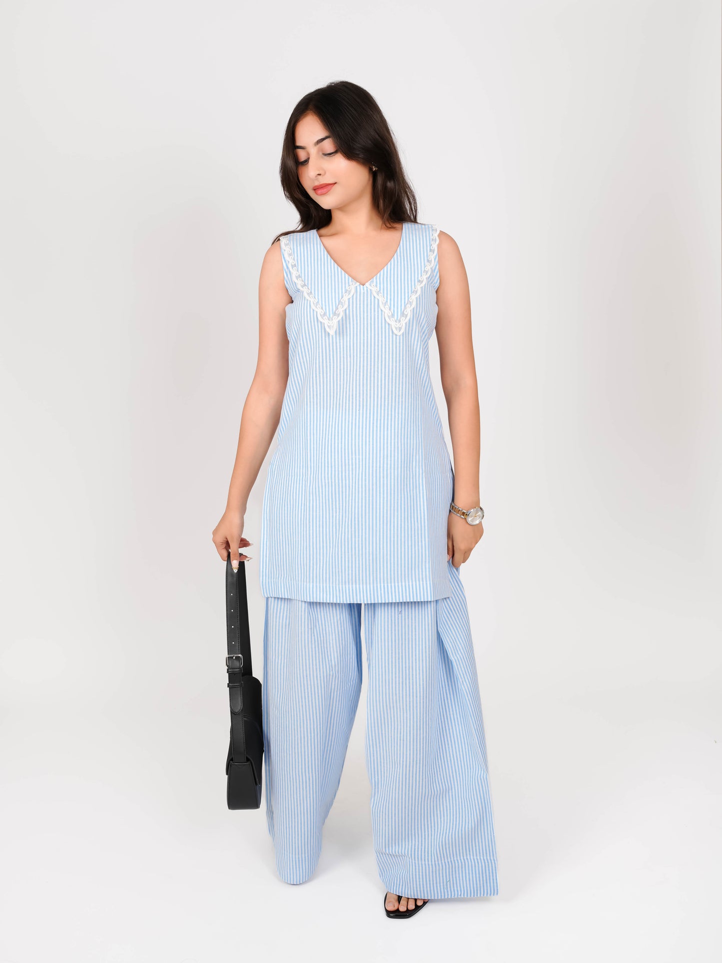 MONOMEE YENAVI BLUE STRIPE LACE PETER PAN COLLAR FARSHI SALWAR SET