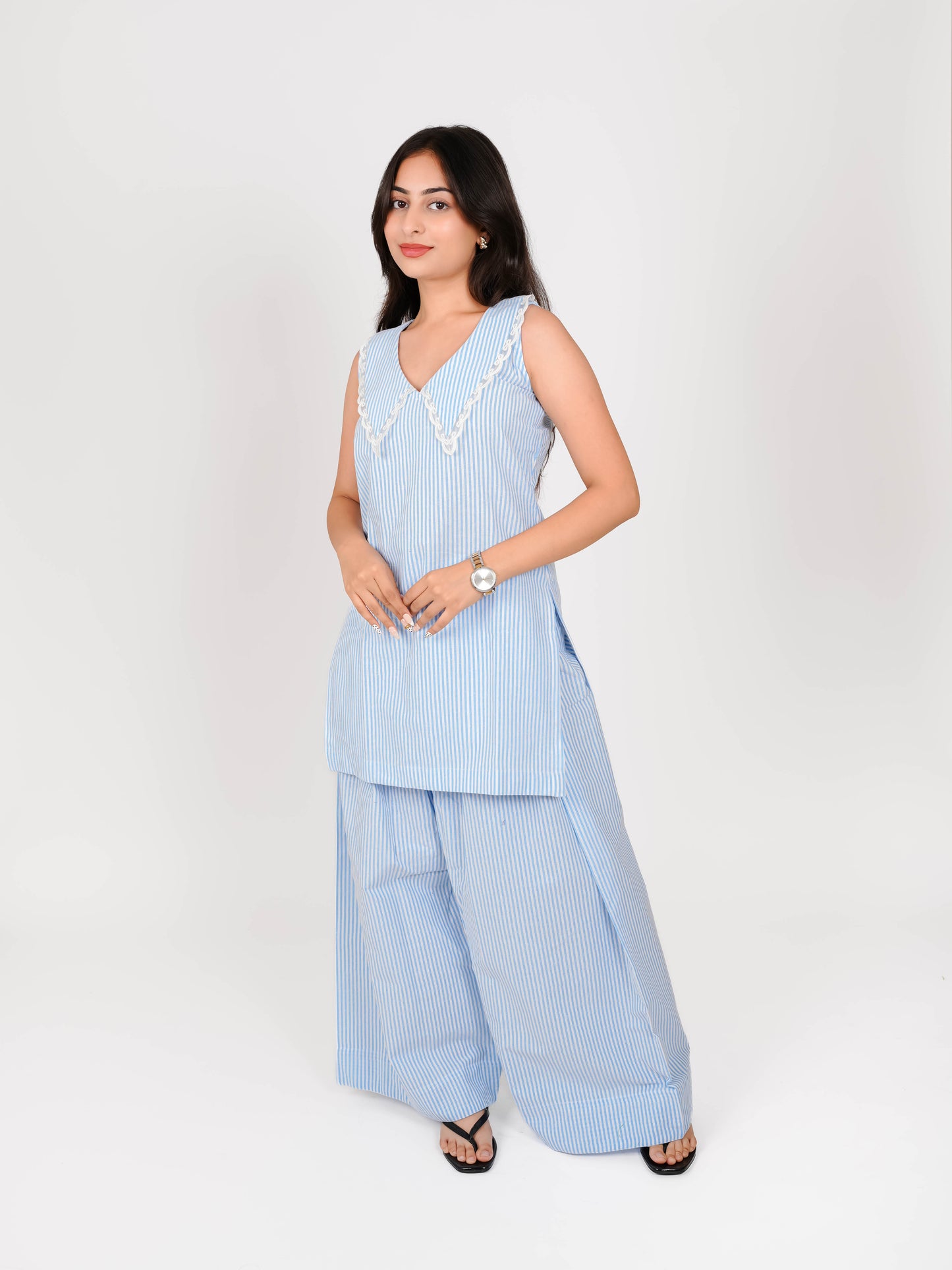 MONOMEE YENAVI BLUE STRIPE LACE PETER PAN COLLAR FARSHI SALWAR SET