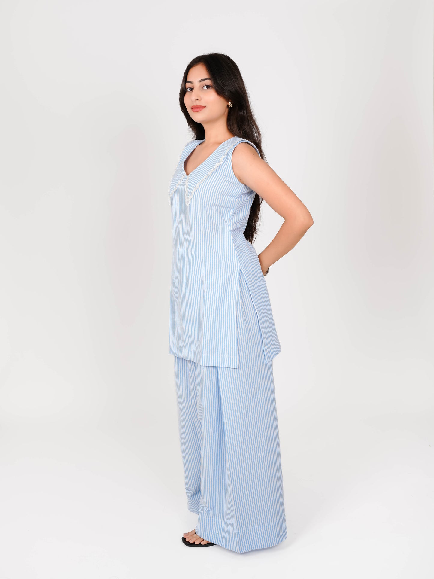 MONOMEE YENAVI BLUE STRIPE LACE PETER PAN COLLAR FARSHI SALWAR SET